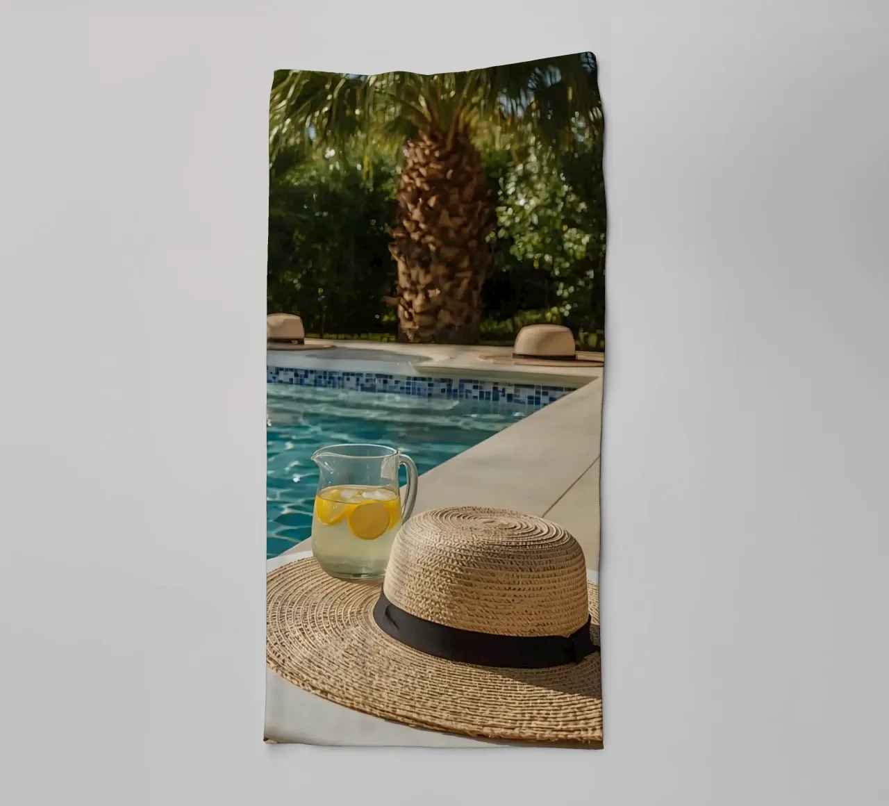 Swimming Pool with Hats Palm Trees and Lemon Water towel by DesignDoodle