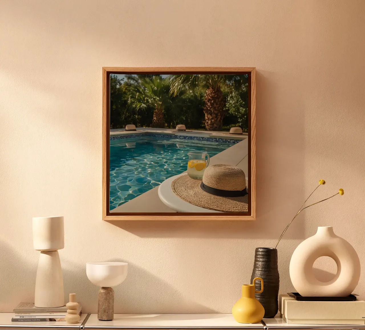 Swimming Pool with Hats Palm Trees and Lemon Water canvas with Floater frame by DesignDoodle