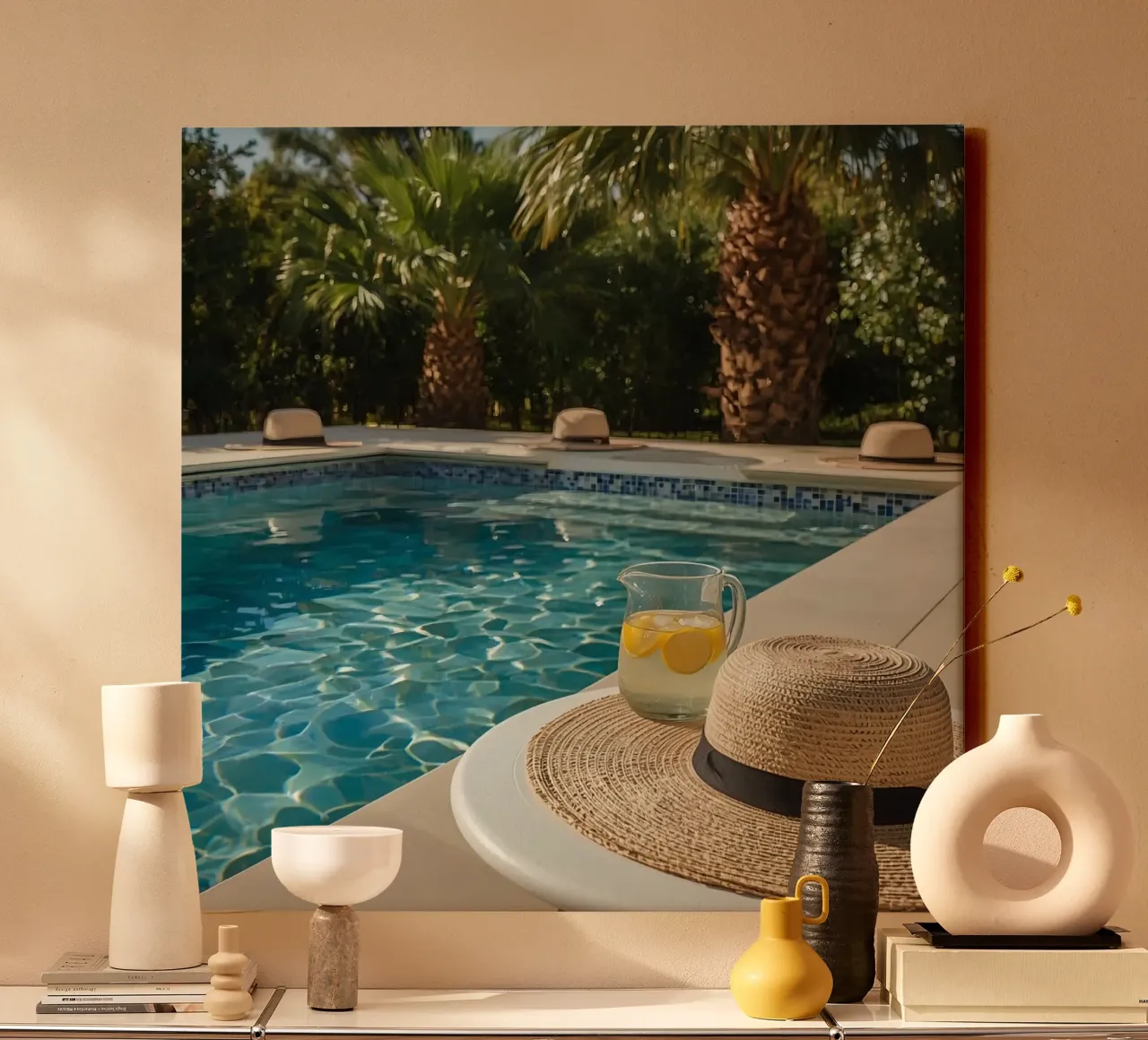 Swimming Pool with Hats Palm Trees and Lemon Water canvas with Floater frame by DesignDoodle