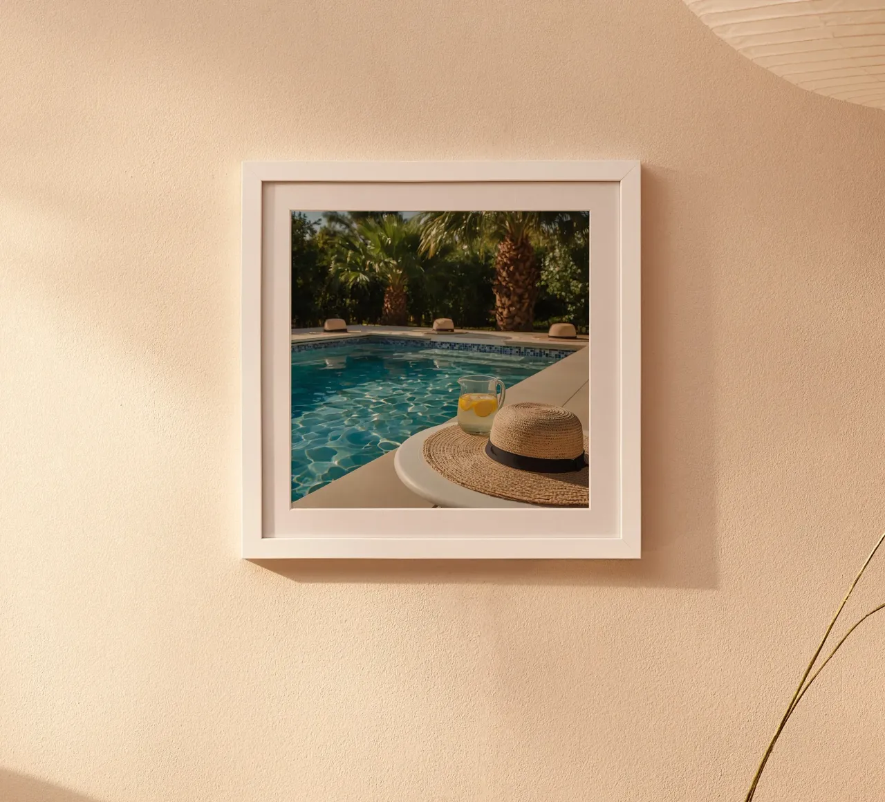 Swimming Pool with Hats Palm Trees and Lemon Water poster by DesignDoodle