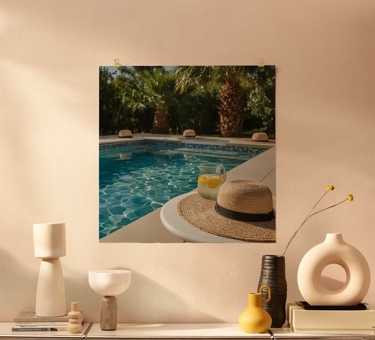 Swimming Pool with Hats Palm Trees and Lemon Water poster by DesignDoodle