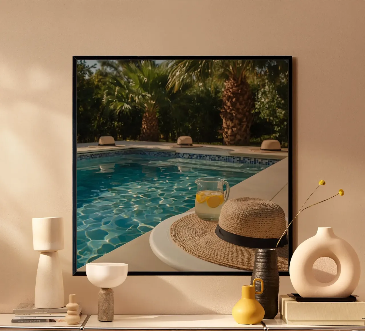 Swimming Pool with Hats Palm Trees and Lemon Water poster by DesignDoodle