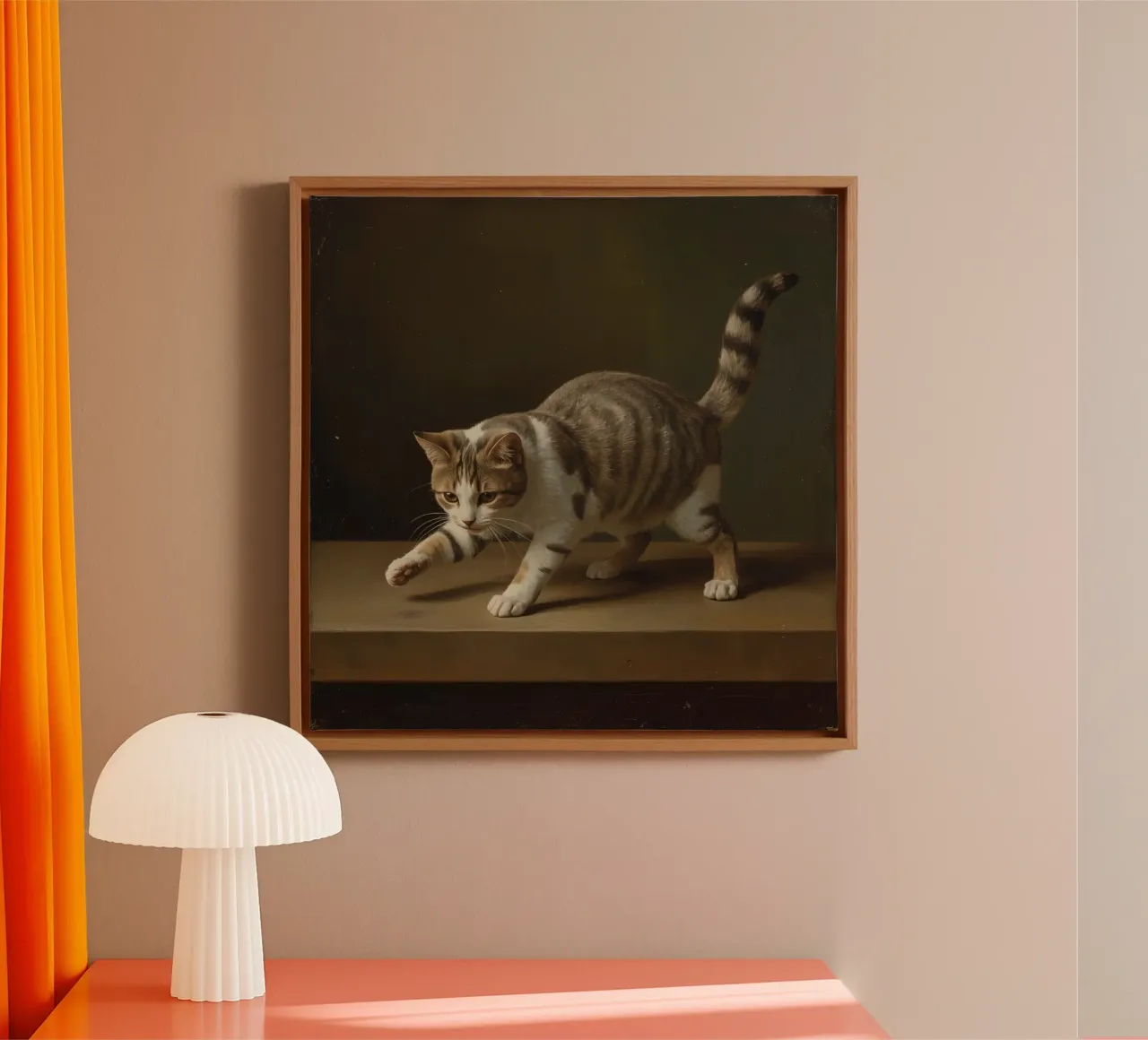 Tabby and White Cat on Table canvas with Floater frame by DesignDoodle