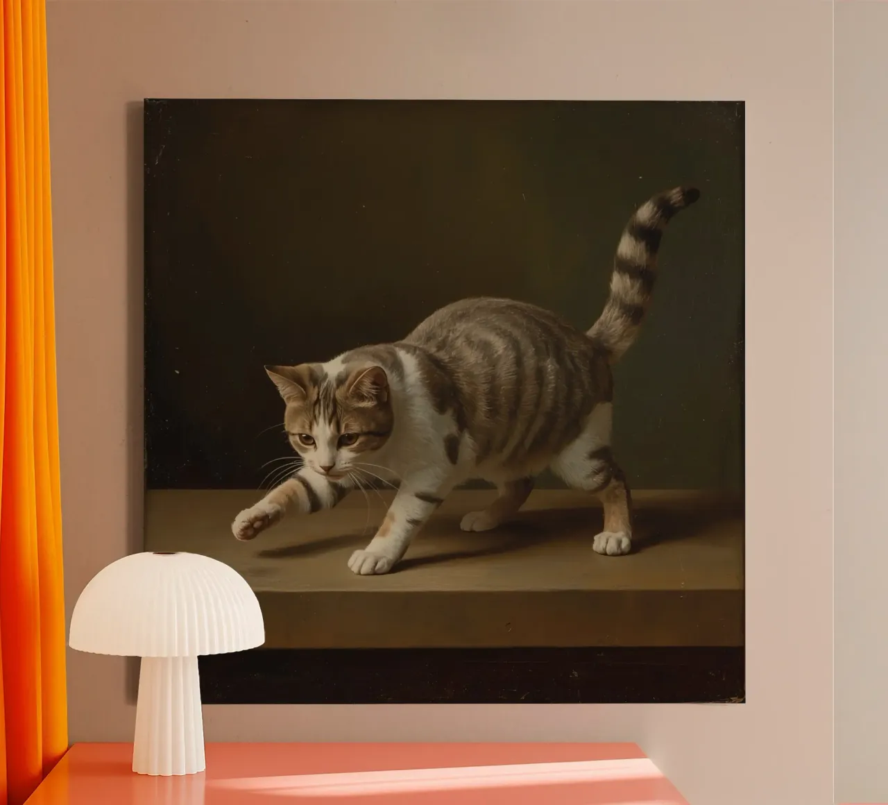 Tabby and White Cat on Table canvas with Floater frame by DesignDoodle