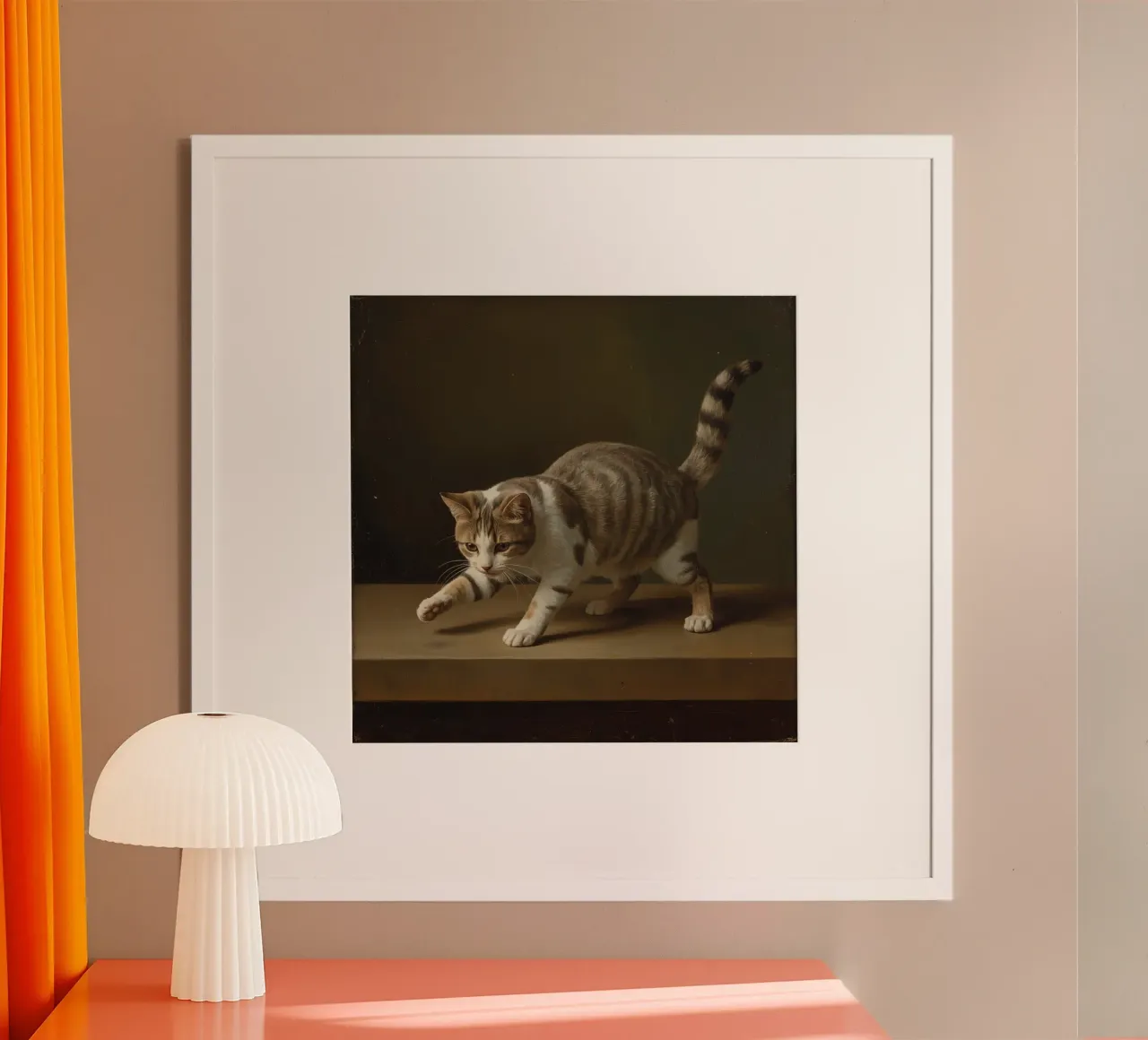 Gatto soriano e bianco sul tavolo poster da DesignDoodle