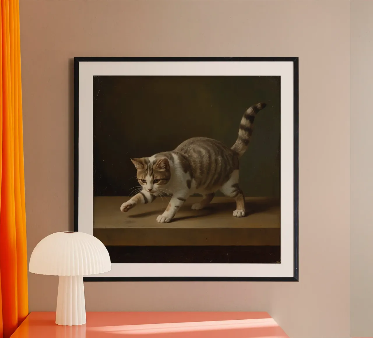 Gatto soriano e bianco sul tavolo poster da DesignDoodle