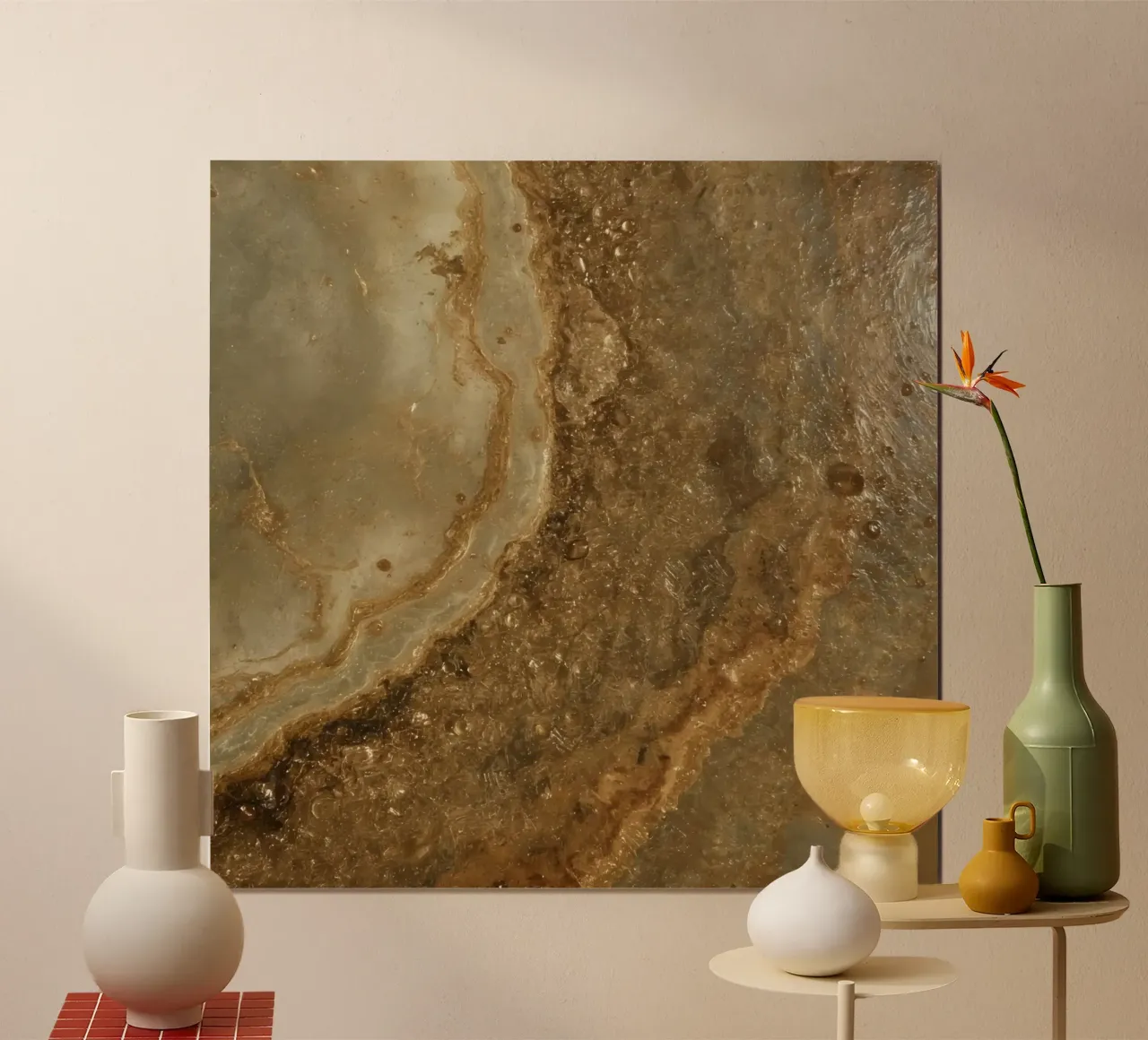 Superficie strutturata marrone e beige con bolle poster con telaio in alluminio da DesignDoodle