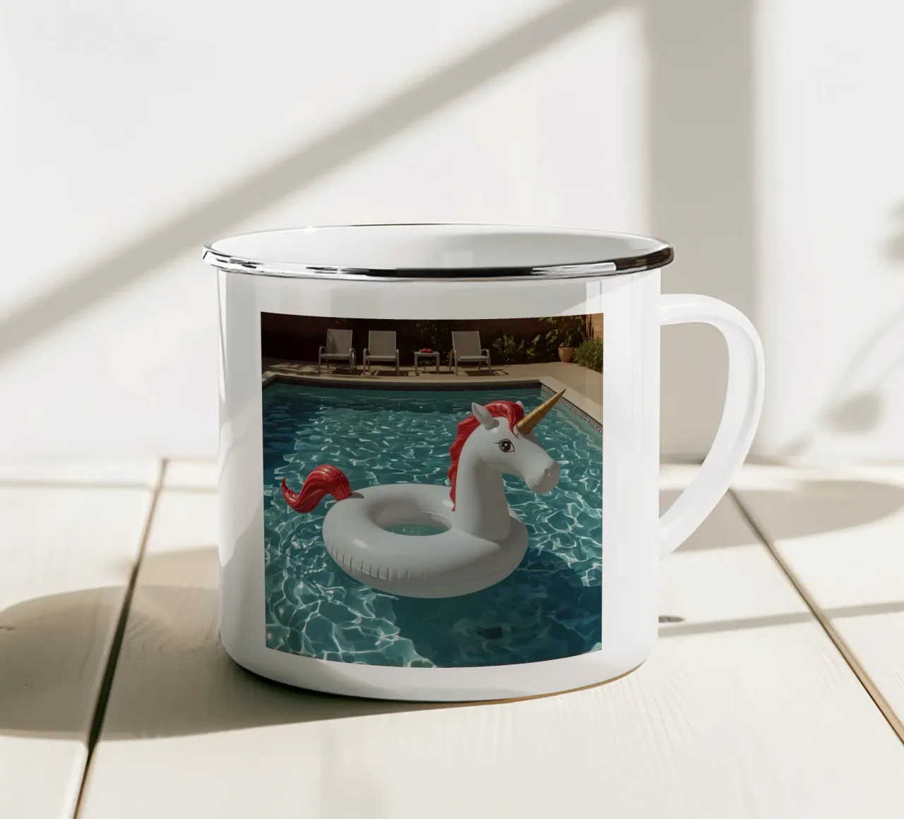 Unicorn Inflatable in Swimming Pool enamel mug by DesignDoodle