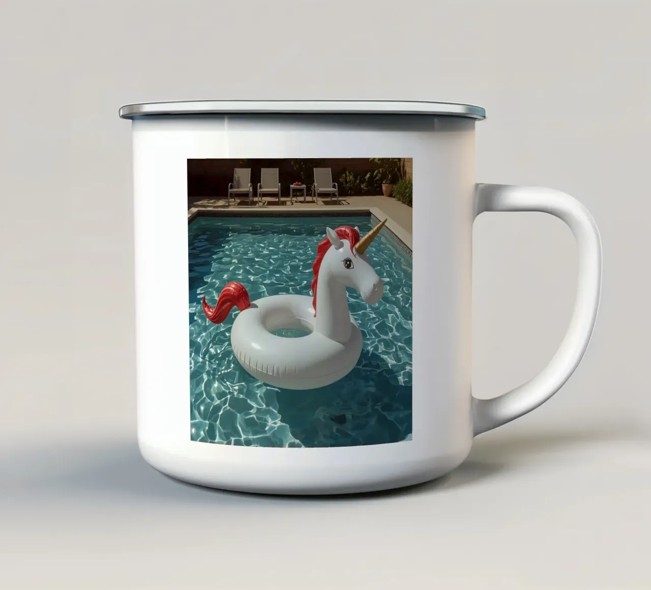 Unicorn Inflatable in Swimming Pool enamel mug by DesignDoodle
