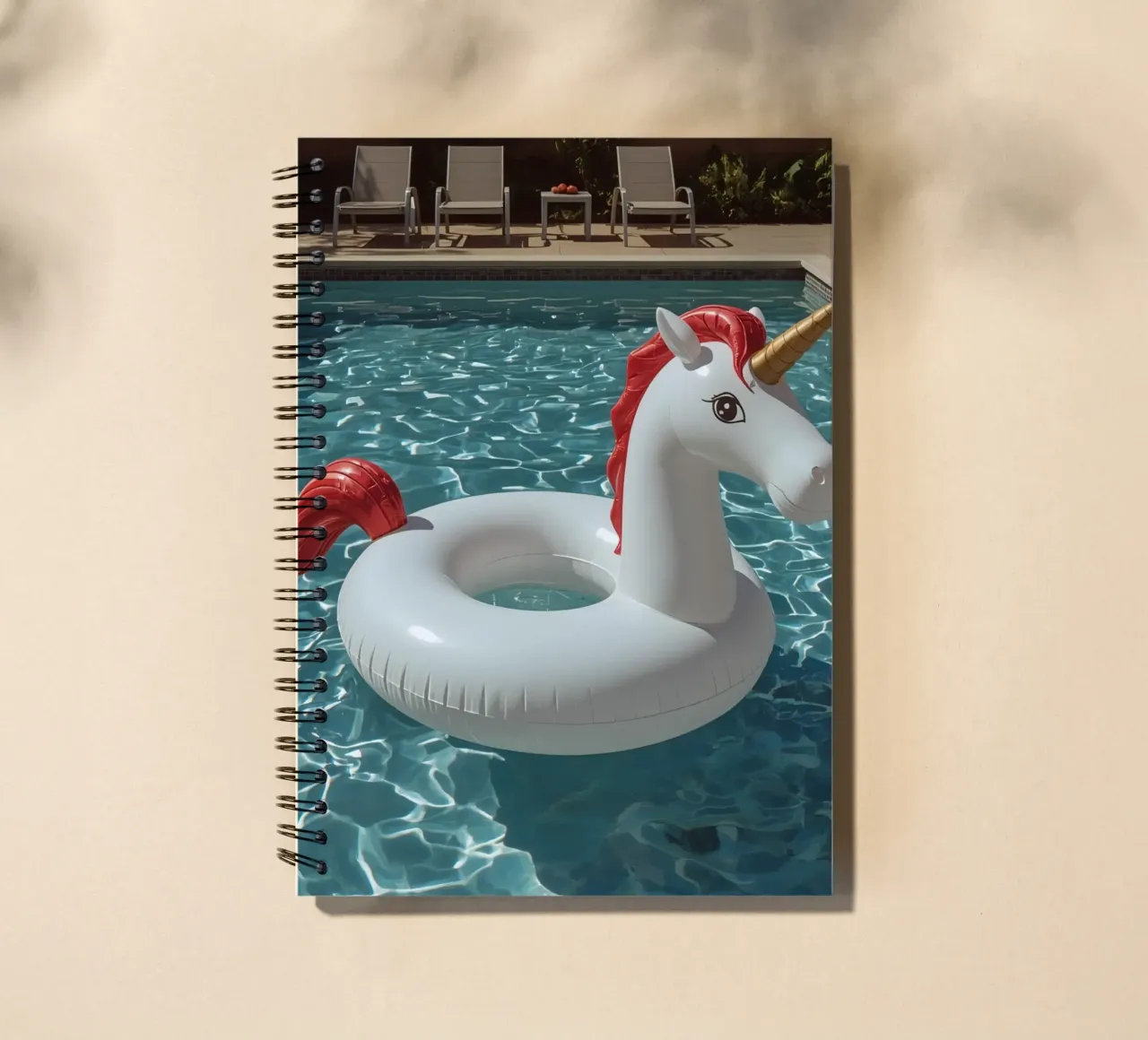 Unicorn Inflatable in Swimming Pool spiral notebook by DesignDoodle