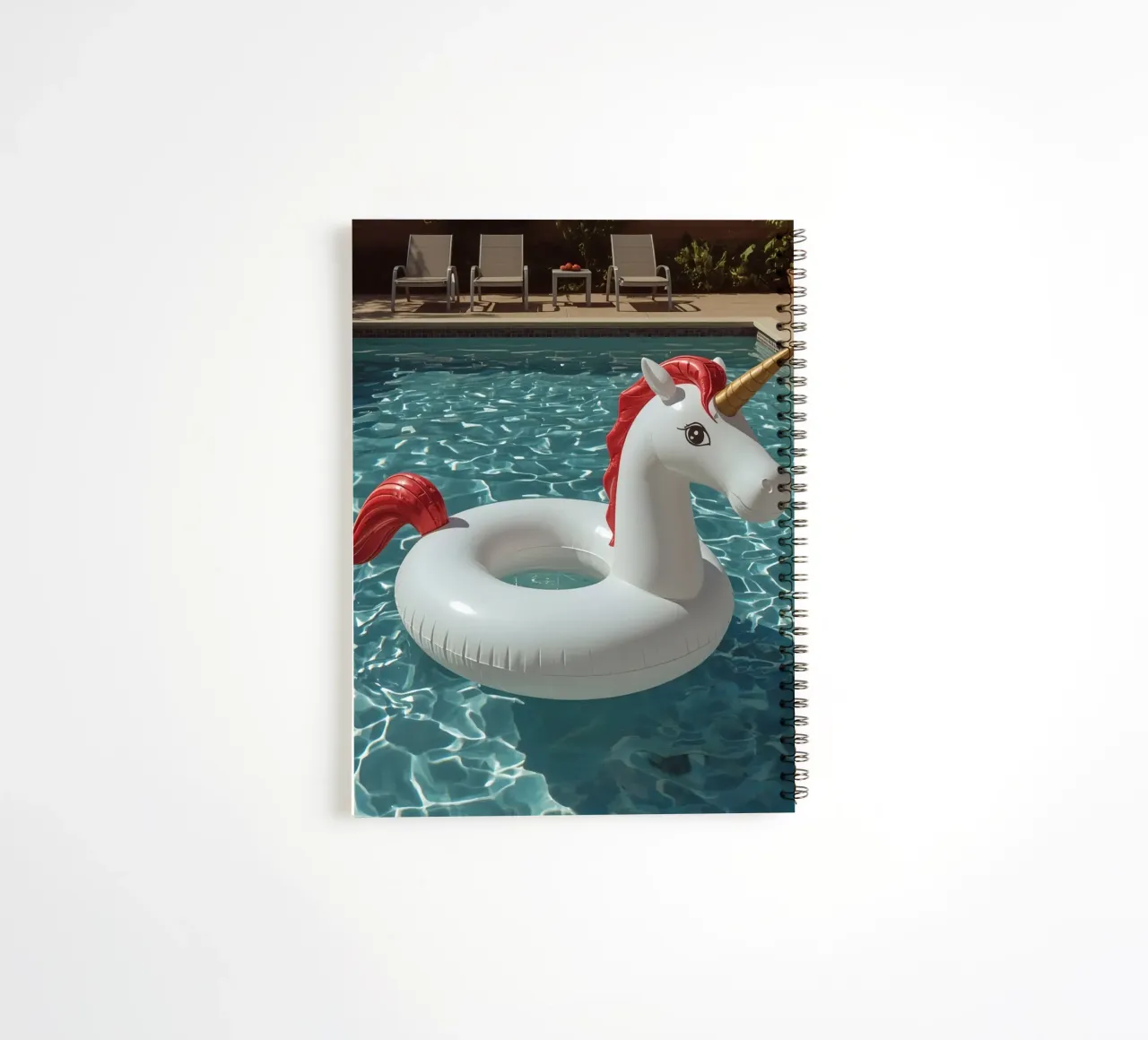 Unicorn Inflatable in Swimming Pool spiral notebook by DesignDoodle