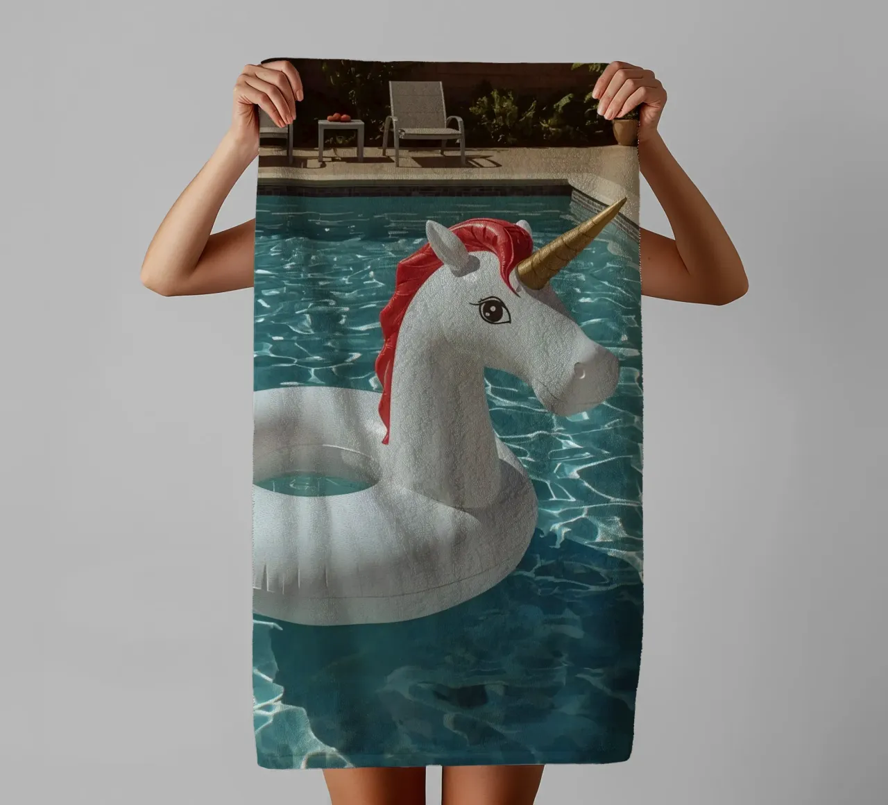 Unicorn Inflatable in Swimming Pool towel by DesignDoodle