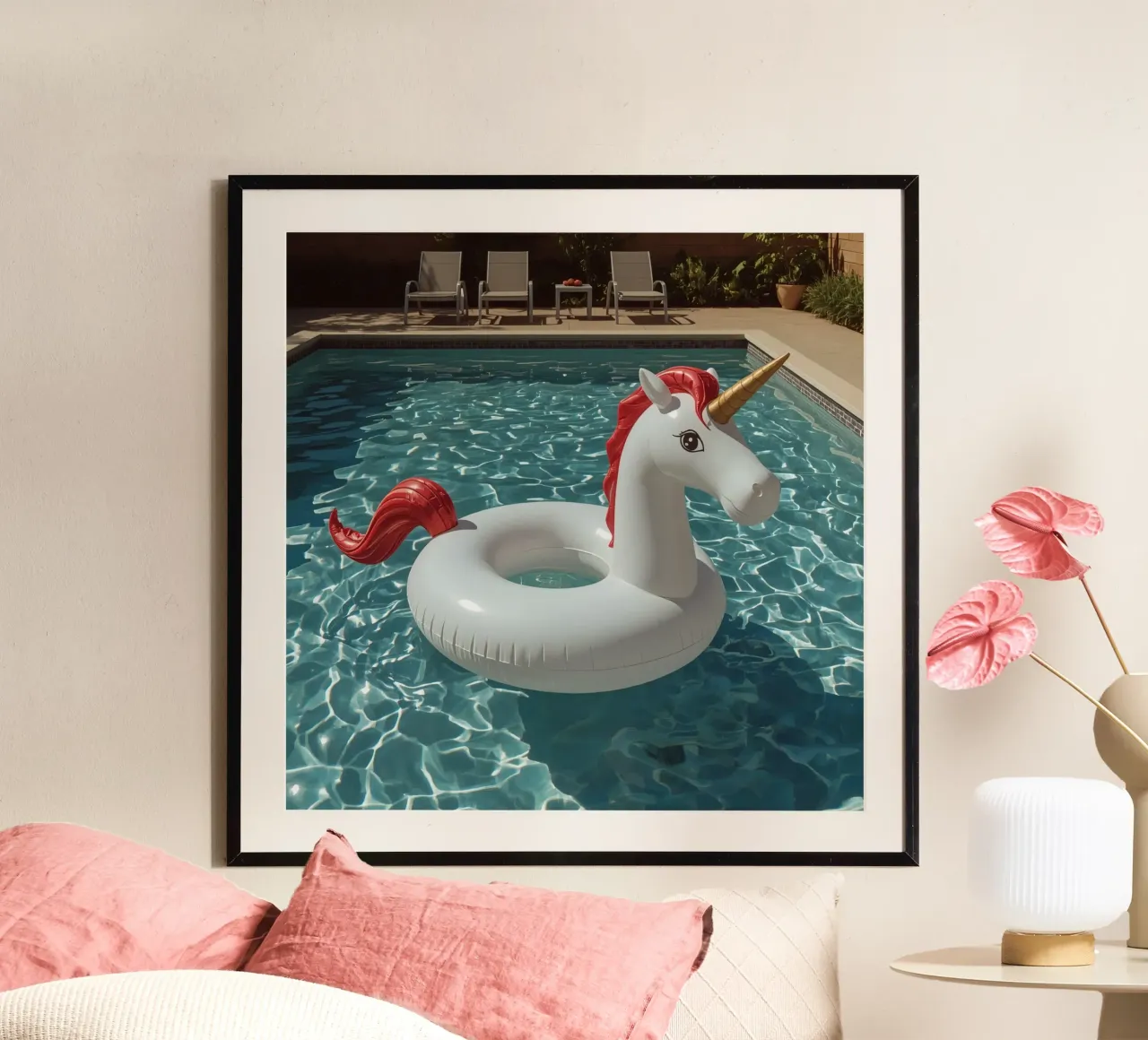 Unicorn Inflatable in Swimming Pool poster by DesignDoodle