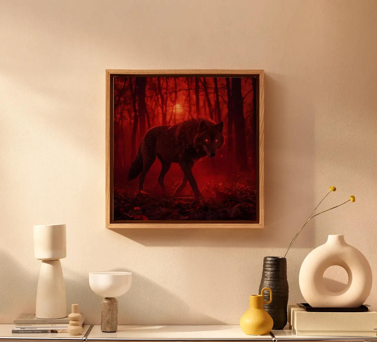 Wolf in Red Forest Under Moon canvas with Floater frame by DesignDoodle