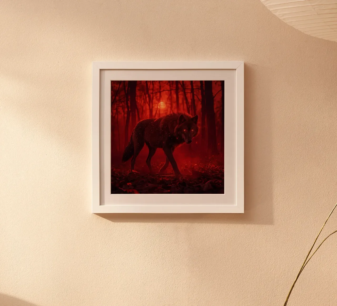 Loup dans la forêt rouge sous la lune poster avec cadre en aluminium de DesignDoodle