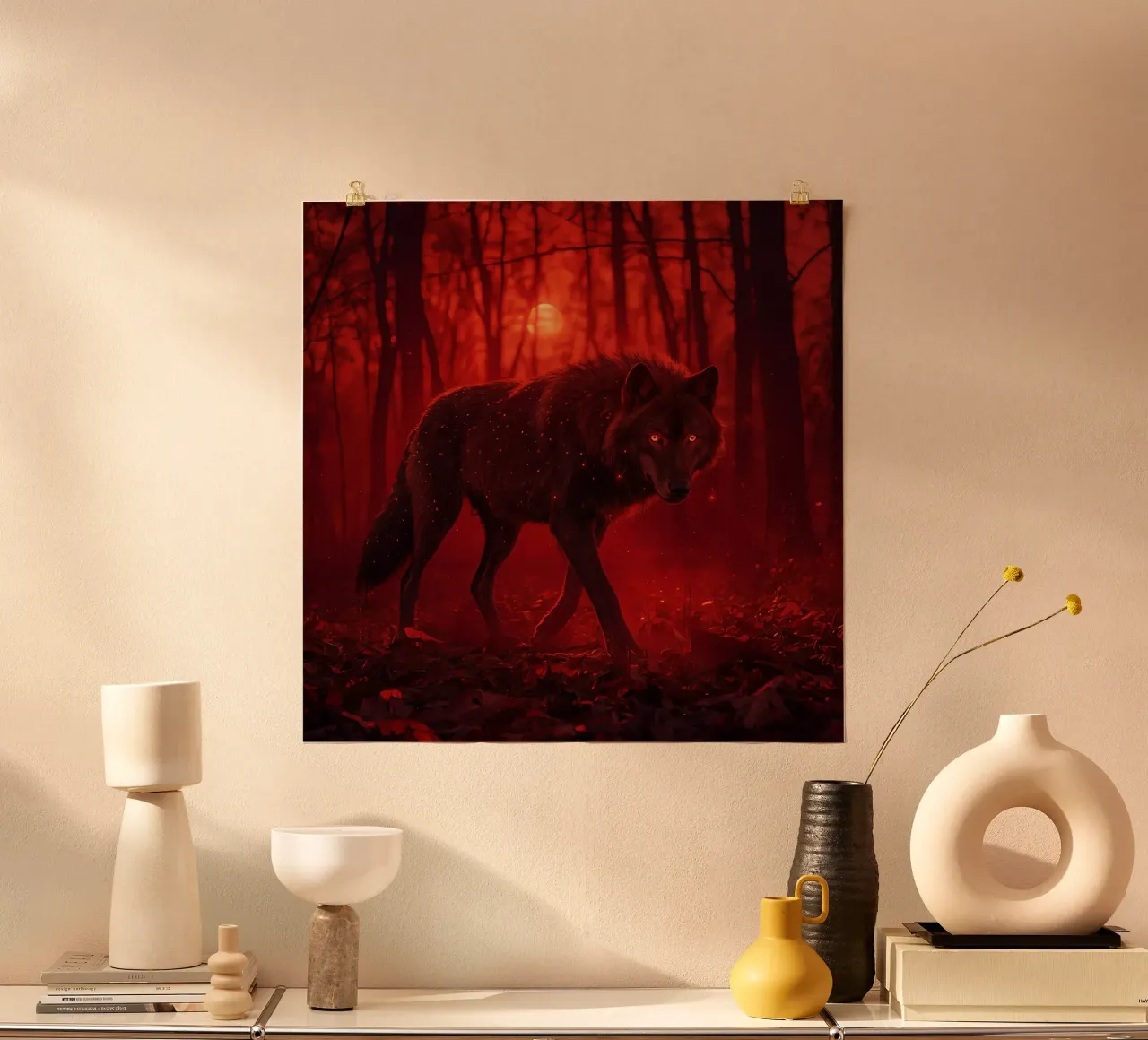 Loup dans la forêt rouge sous la lune poster avec cadre en aluminium de DesignDoodle