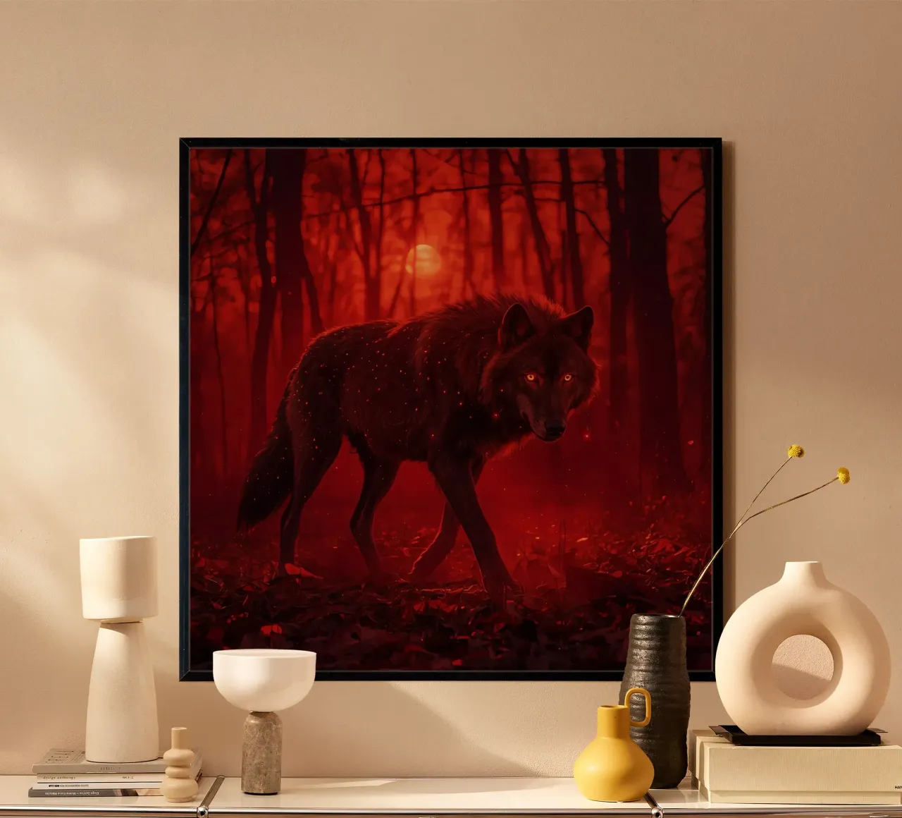 Loup dans la forêt rouge sous la lune poster avec cadre en aluminium de DesignDoodle