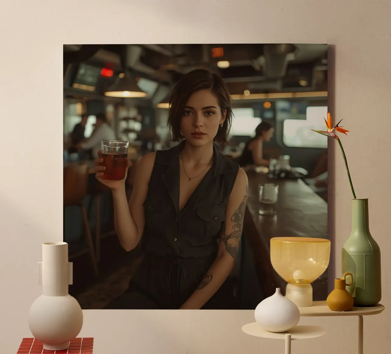 Mujer con una copa en la barra de un bar lienzo con Marco flotante de DesignDoodle