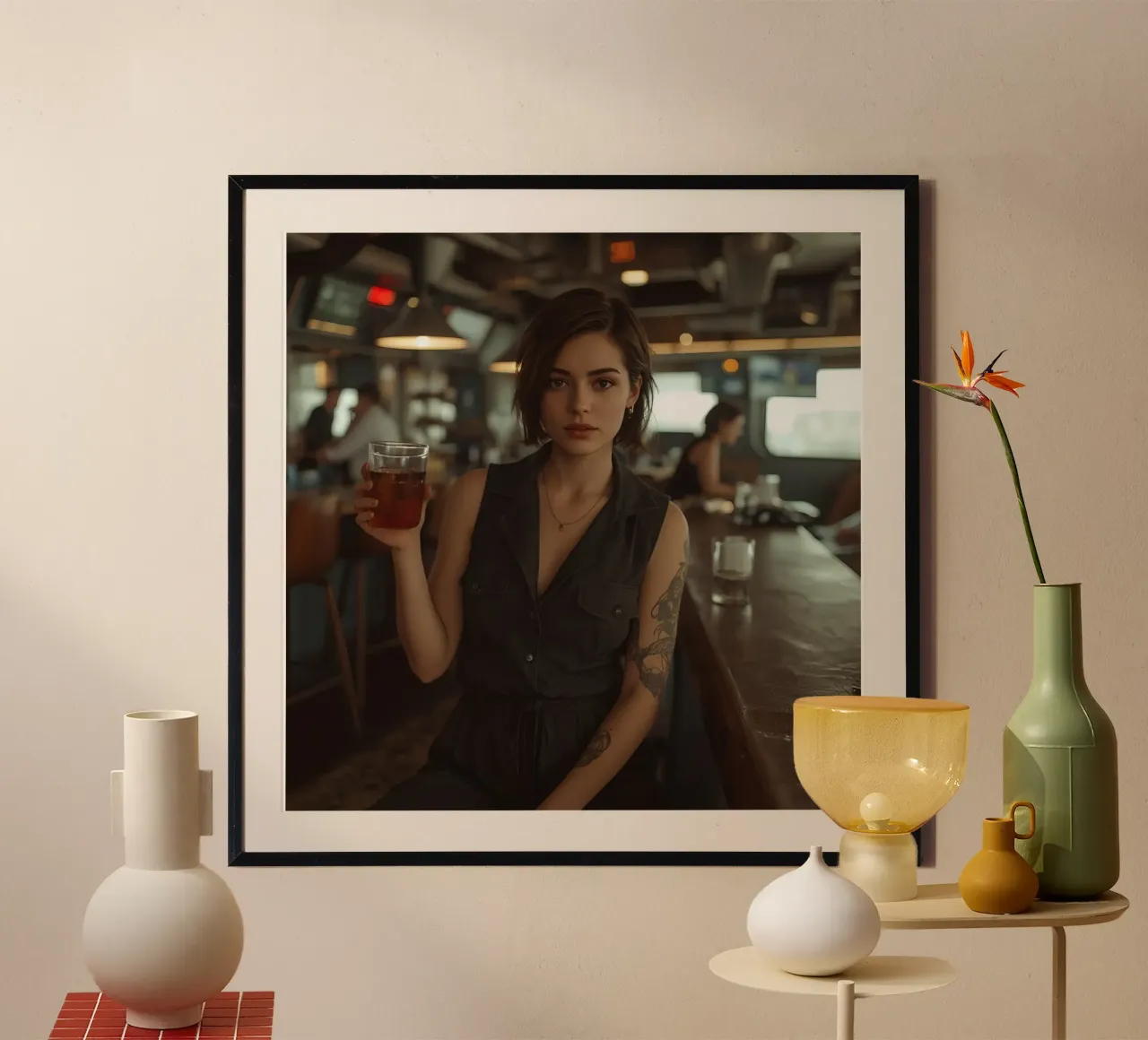 Donna che tiene un drink al bancone del bar poster con telaio in legno da DesignDoodle