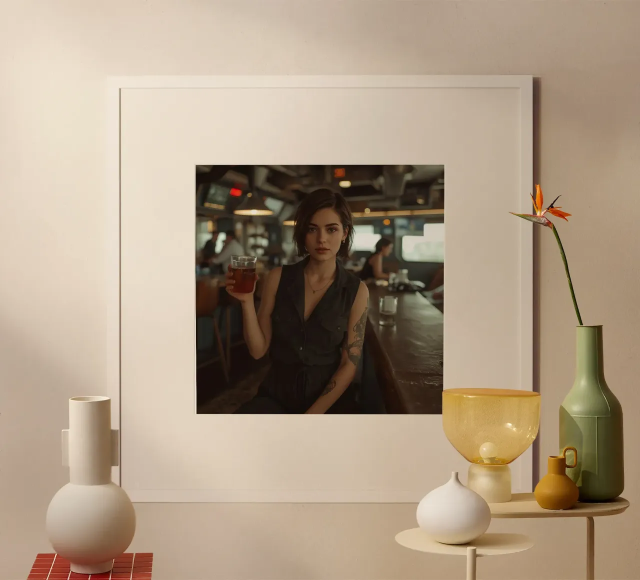 Donna che tiene un drink al bancone del bar poster con telaio in legno da DesignDoodle