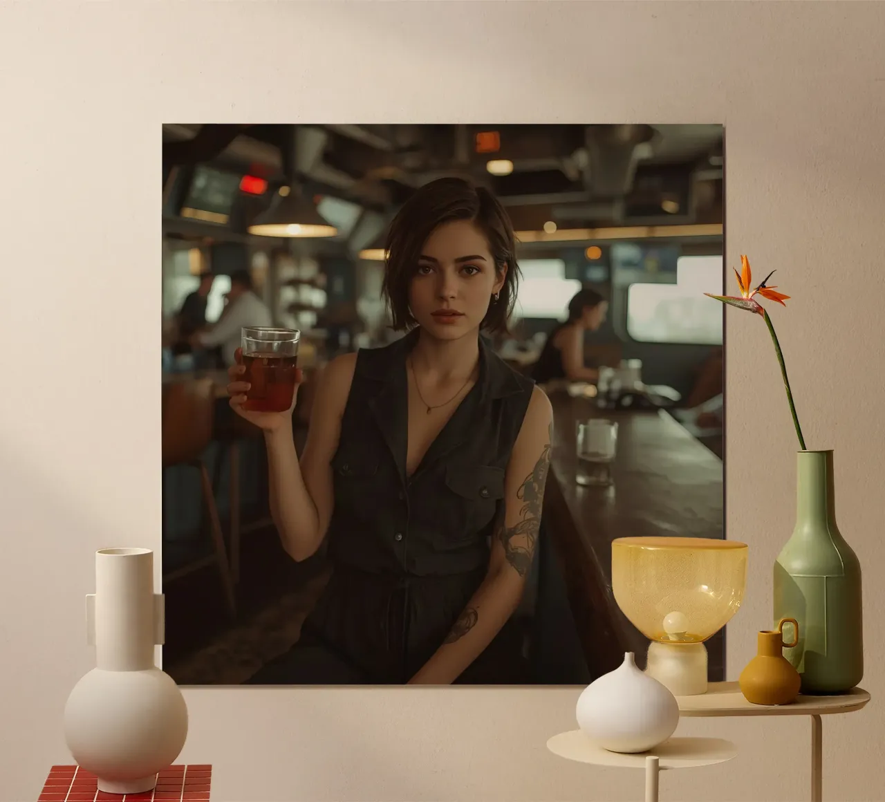 Donna che tiene un drink al bancone del bar poster con telaio in legno da DesignDoodle