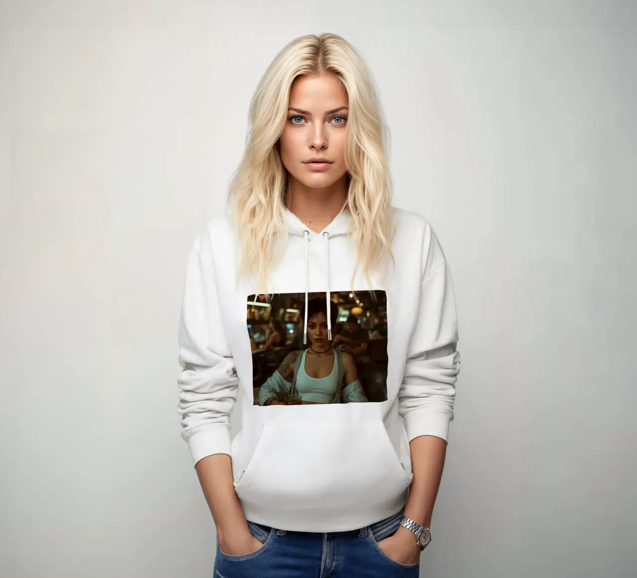 Donna con un drink in mano in un bar felpa con cappuccio da DesignDoodle