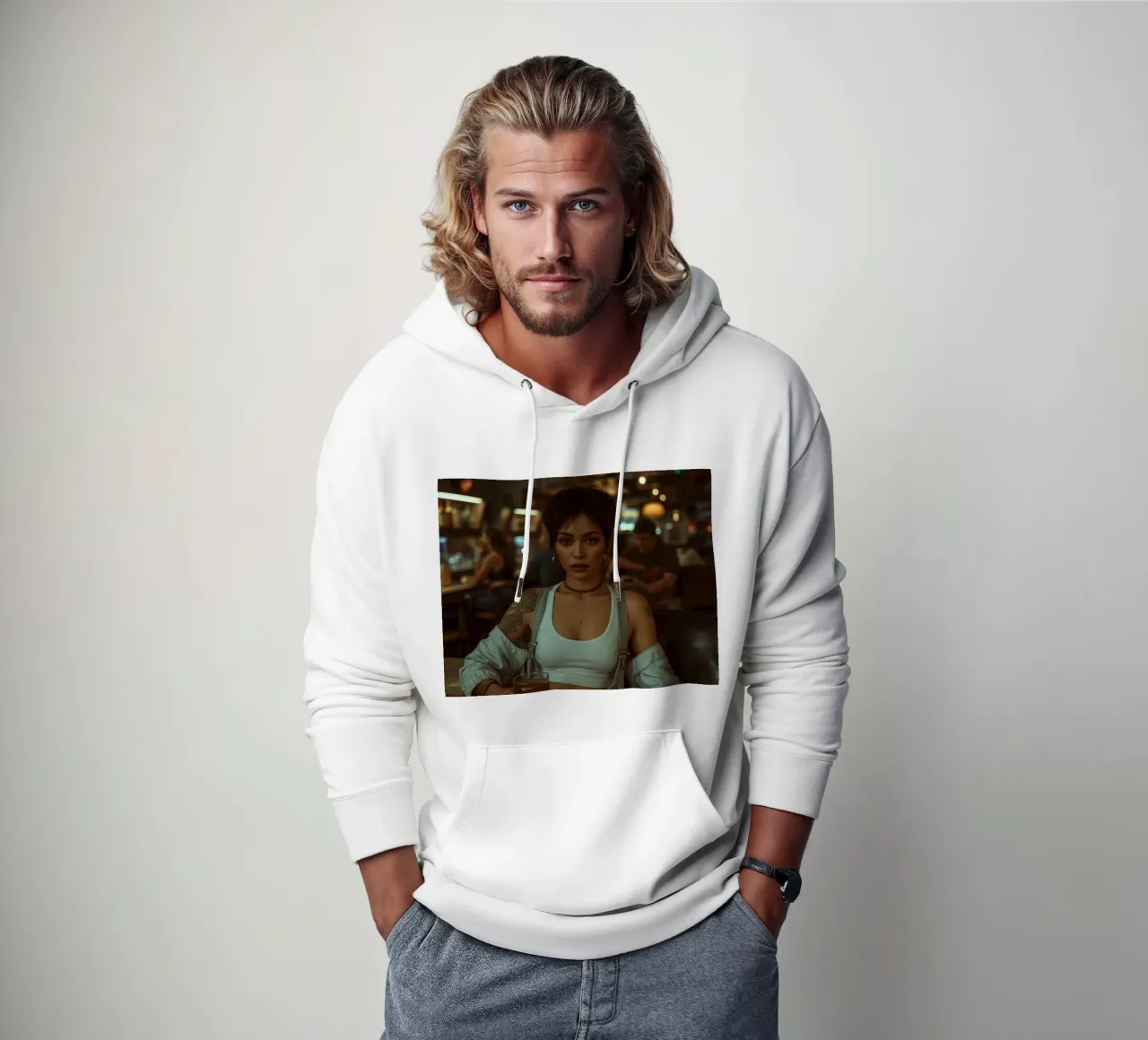 Donna con un drink in mano in un bar felpa con cappuccio da DesignDoodle