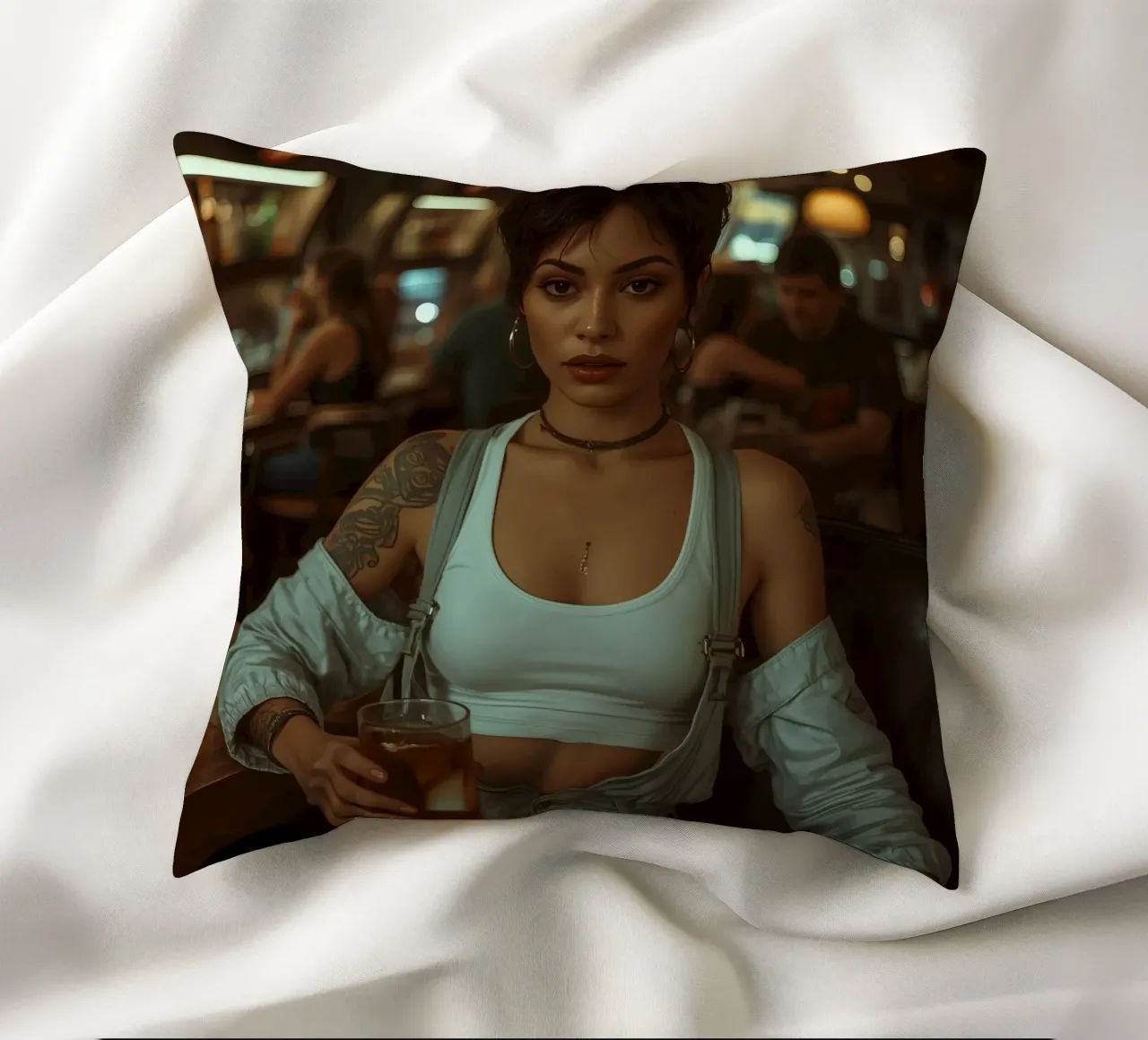 Donna con un drink in mano in un bar cuscino da DesignDoodle