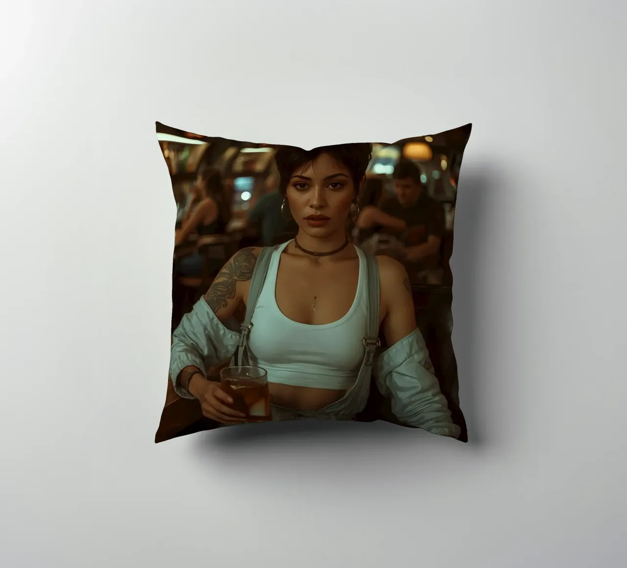 Donna con un drink in mano in un bar cuscino da DesignDoodle