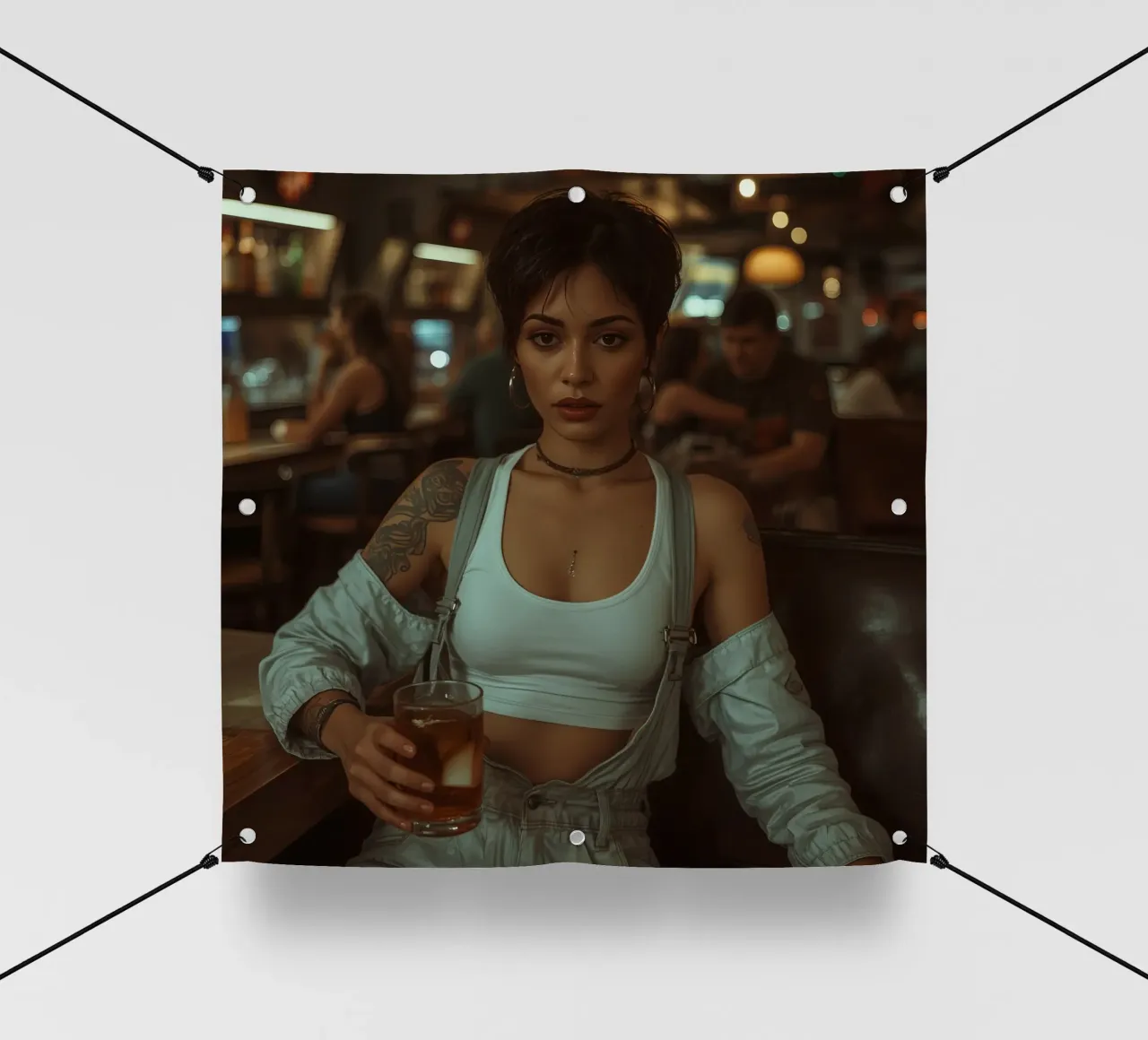 Donna con un drink in mano in un bar telo in pvc da DesignDoodle
