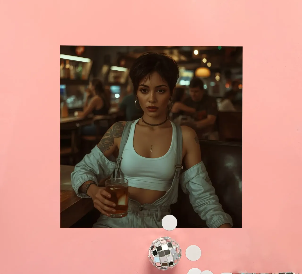 Donna con un drink in mano in un bar adesivo da DesignDoodle