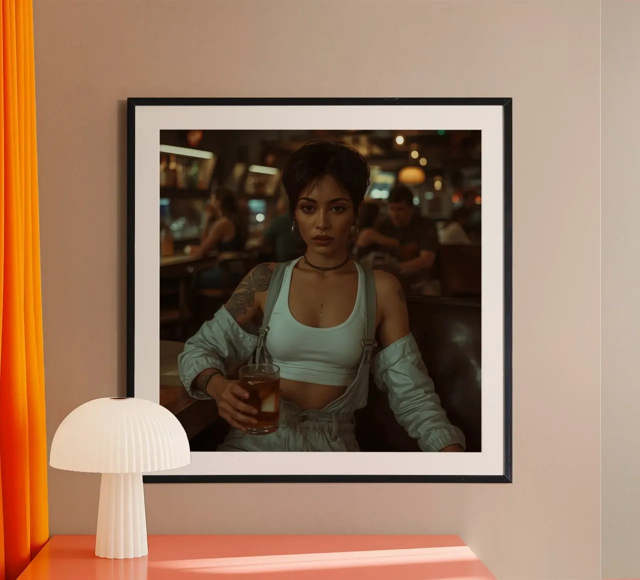Donna con un drink in mano in un bar poster con telaio in legno da DesignDoodle