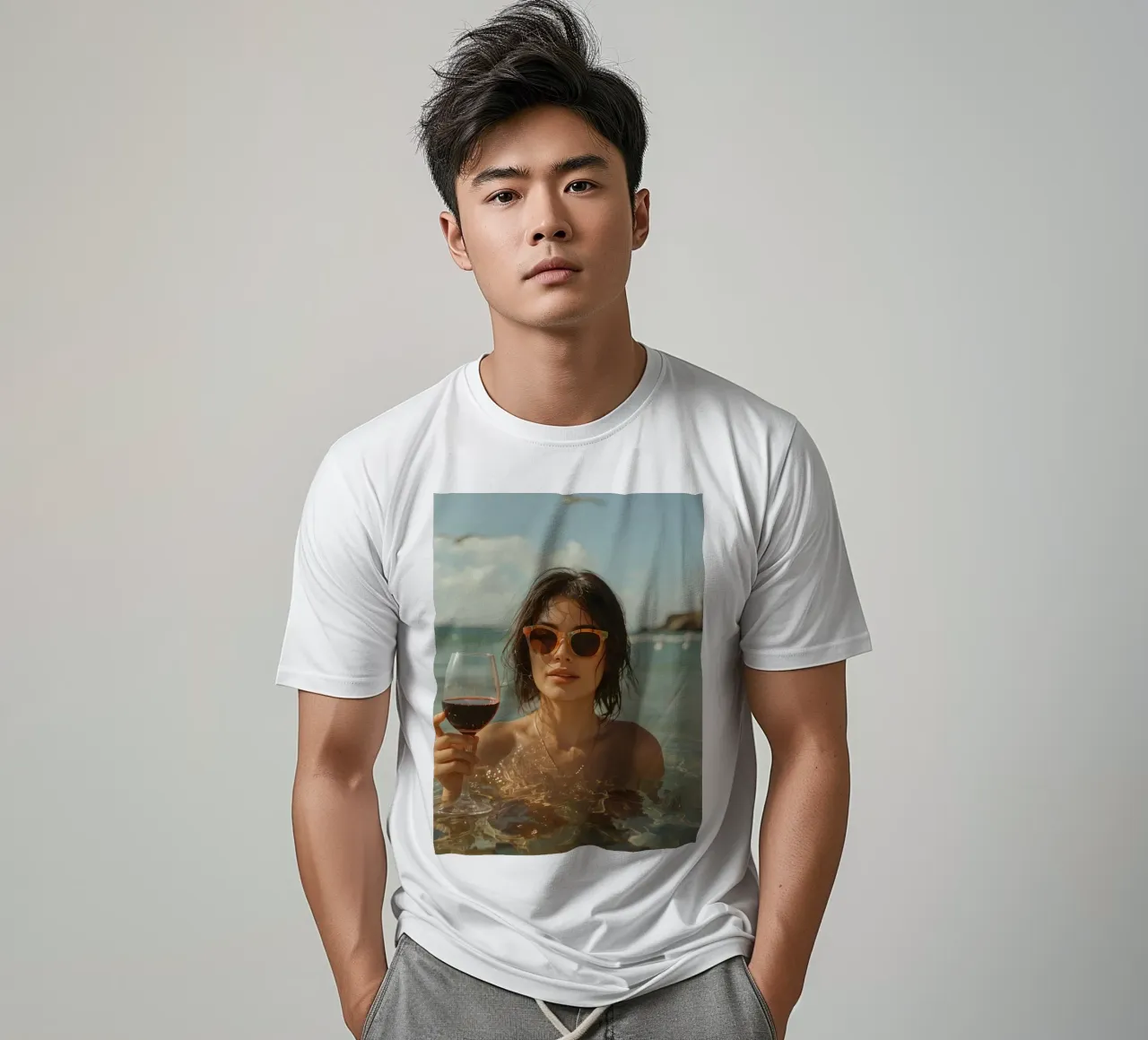 Donna nell'oceano con in mano un bicchiere di vino rosso t-shirt da DesignDoodle