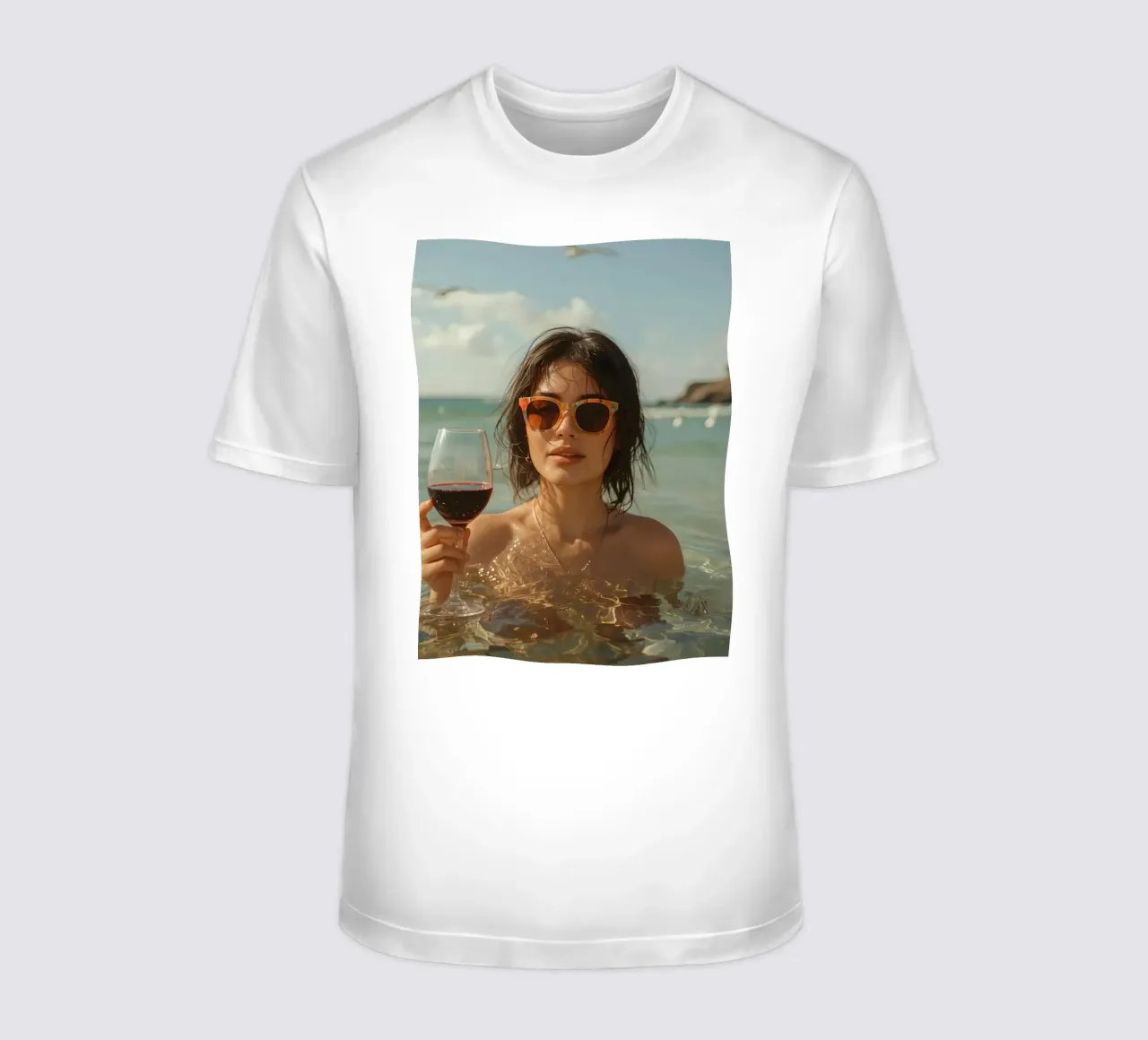 Donna nell'oceano con in mano un bicchiere di vino rosso t-shirt da DesignDoodle