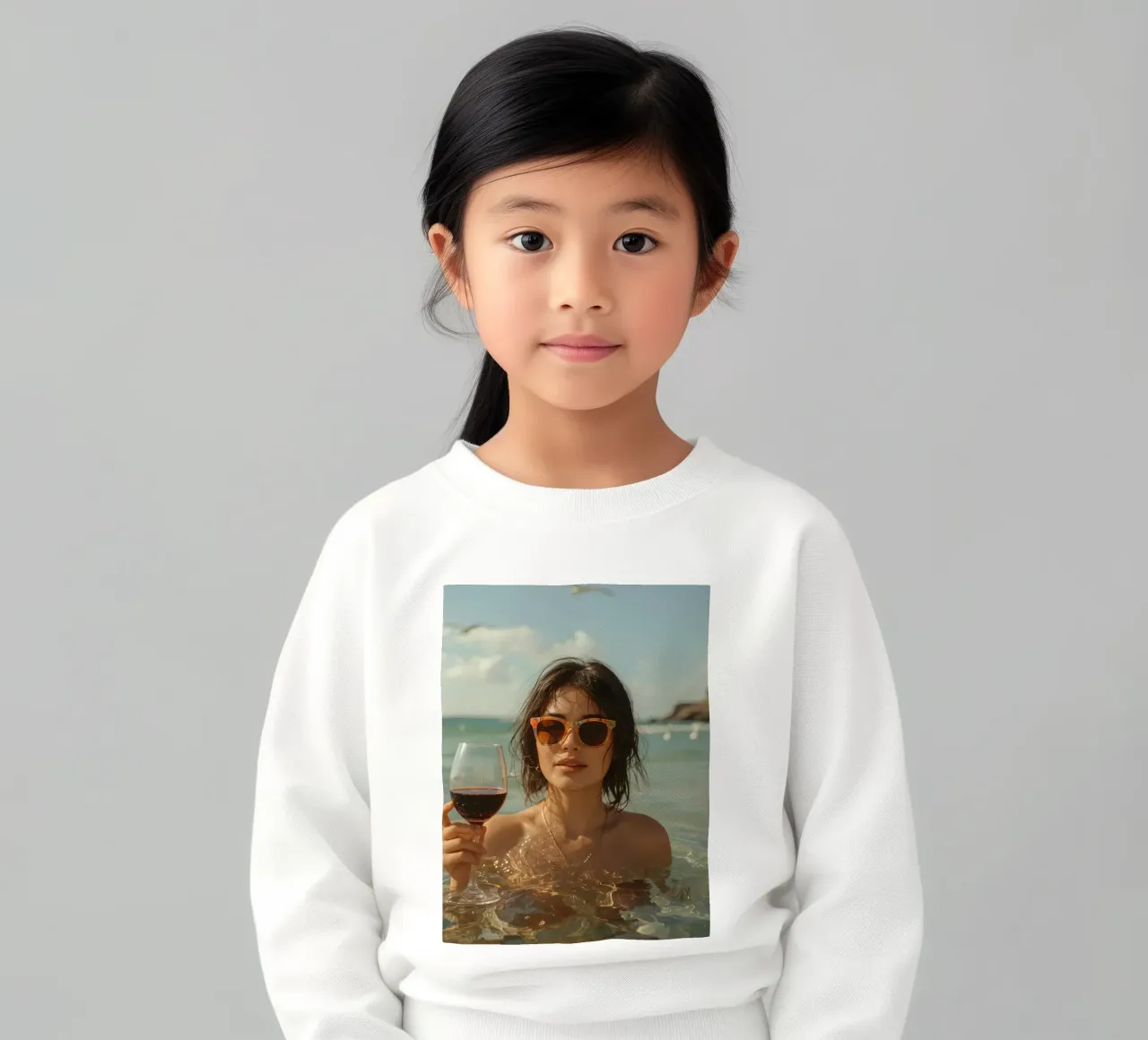 Donna nell'oceano con in mano un bicchiere di vino rosso felpa bambino da DesignDoodle