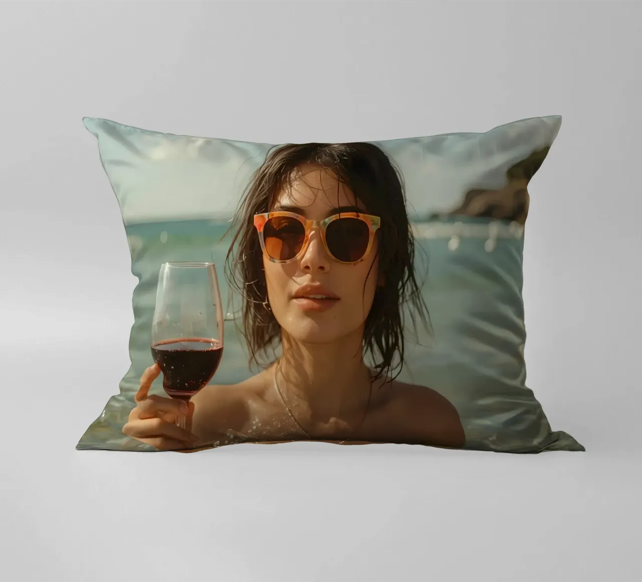 Donna nell'oceano con in mano un bicchiere di vino rosso cuscino da DesignDoodle