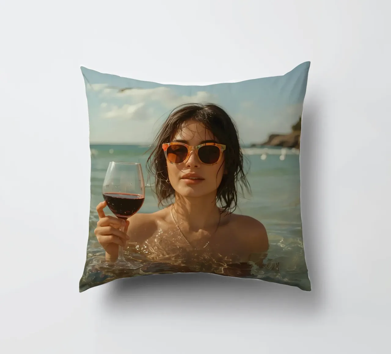 Donna nell'oceano con in mano un bicchiere di vino rosso cuscino da DesignDoodle