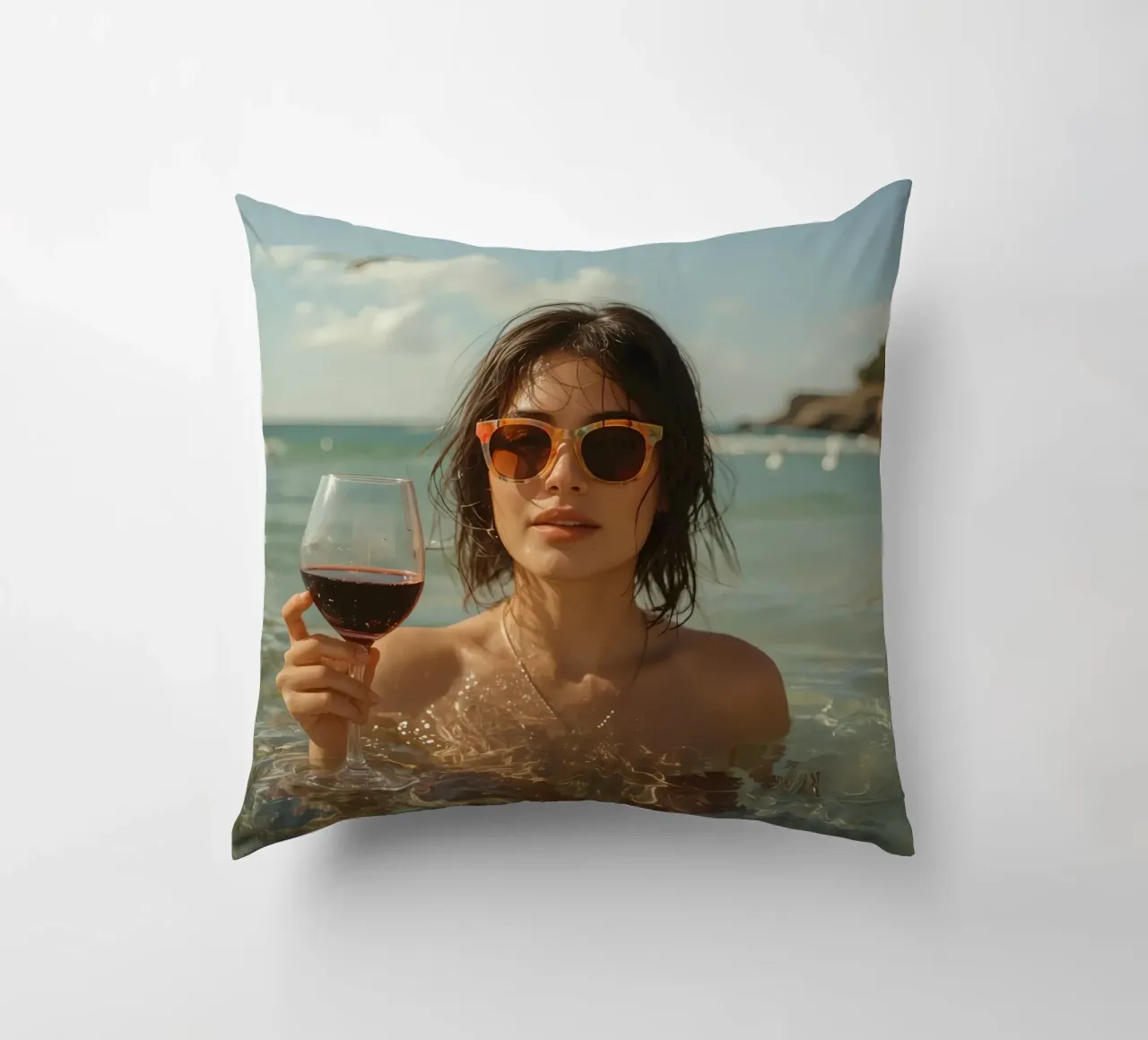 Donna nell'oceano con in mano un bicchiere di vino rosso cuscino da DesignDoodle