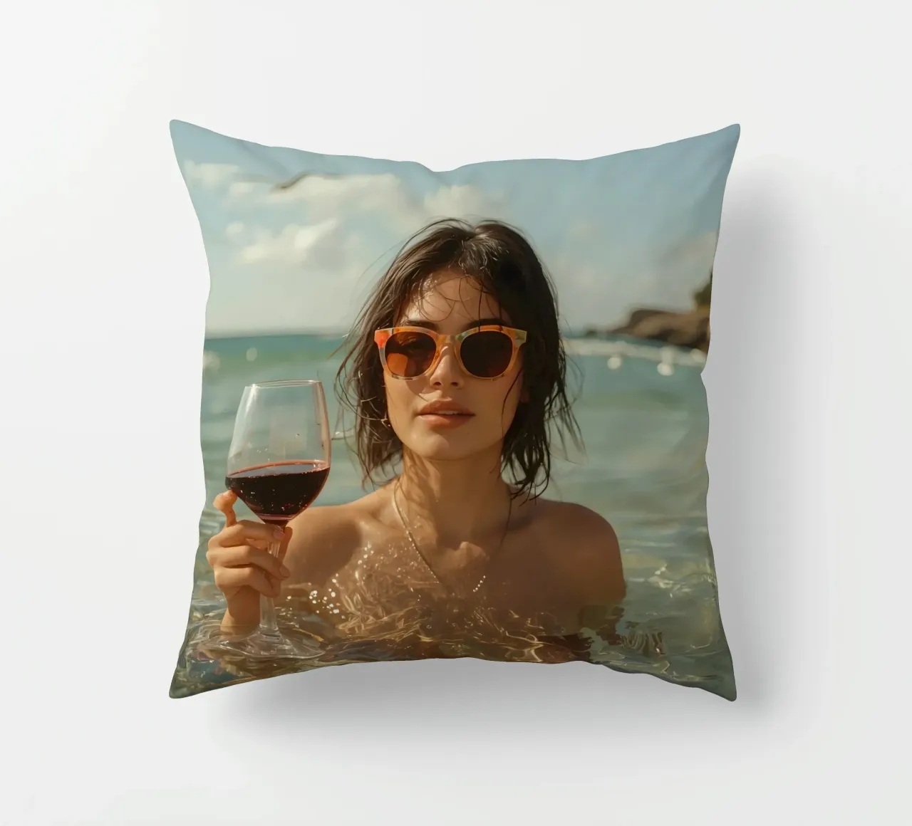 Donna nell'oceano con in mano un bicchiere di vino rosso cuscino da DesignDoodle