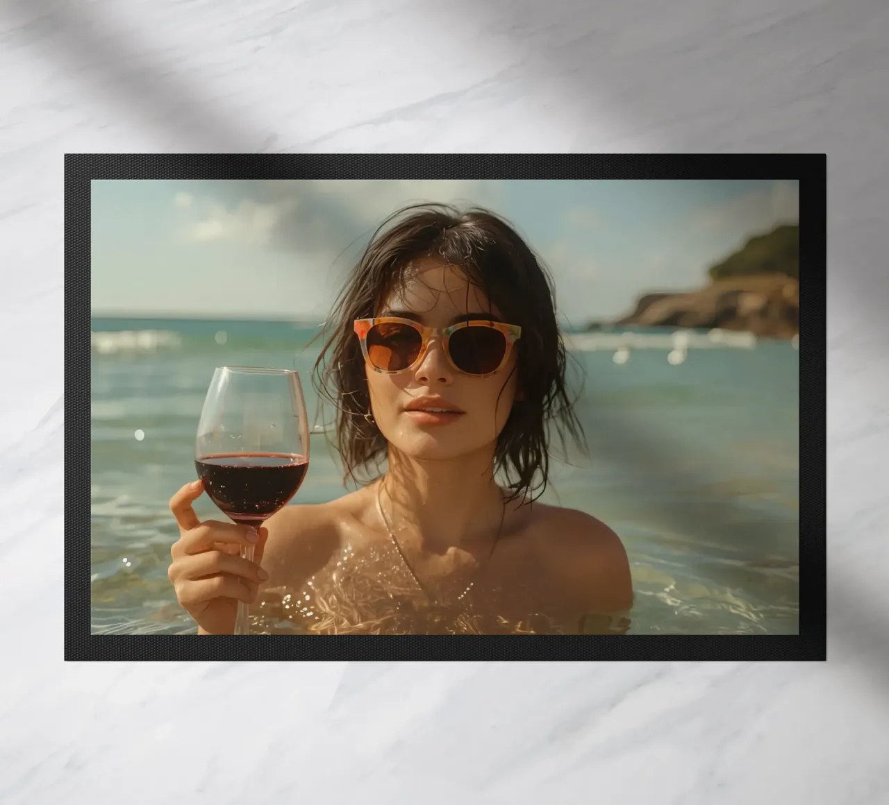 Donna nell'oceano con in mano un bicchiere di vino rosso zerbino da DesignDoodle