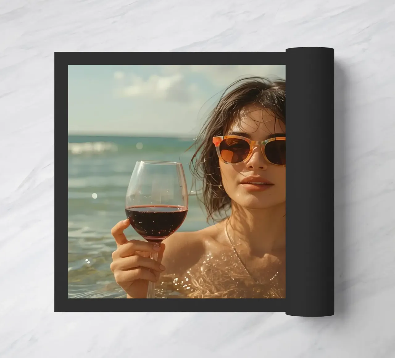 Donna nell'oceano con in mano un bicchiere di vino rosso zerbino da DesignDoodle