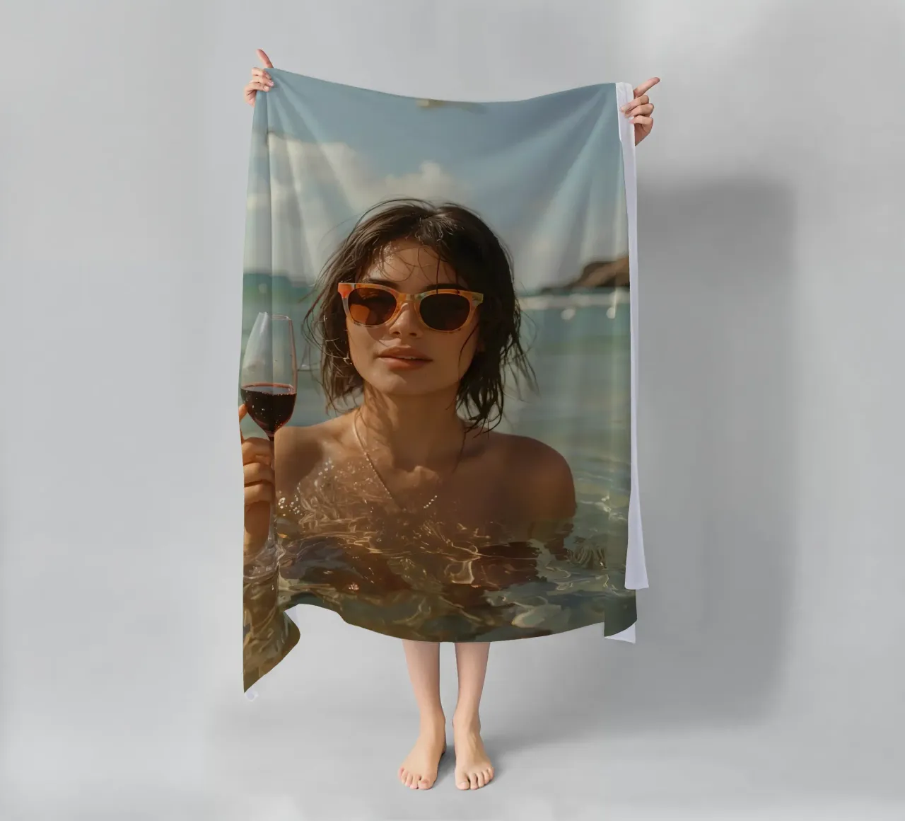 Donna nell'oceano con in mano un bicchiere di vino rosso telo mare da DesignDoodle