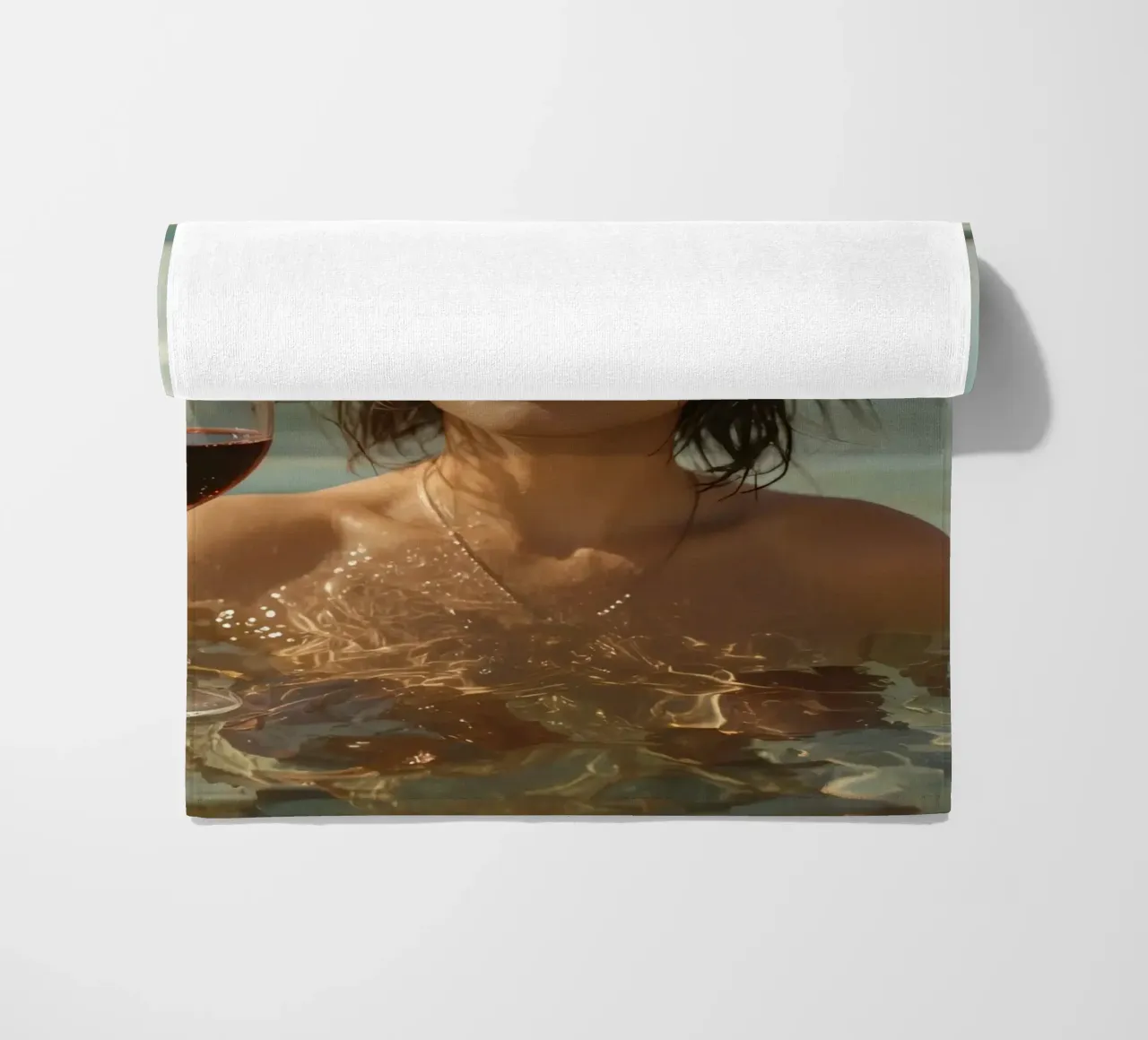 Donna nell'oceano con in mano un bicchiere di vino rosso telo mare da DesignDoodle