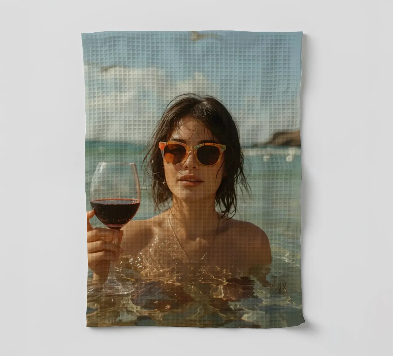 Donna nell'oceano con in mano un bicchiere di vino rosso canovaccio da cucina da DesignDoodle