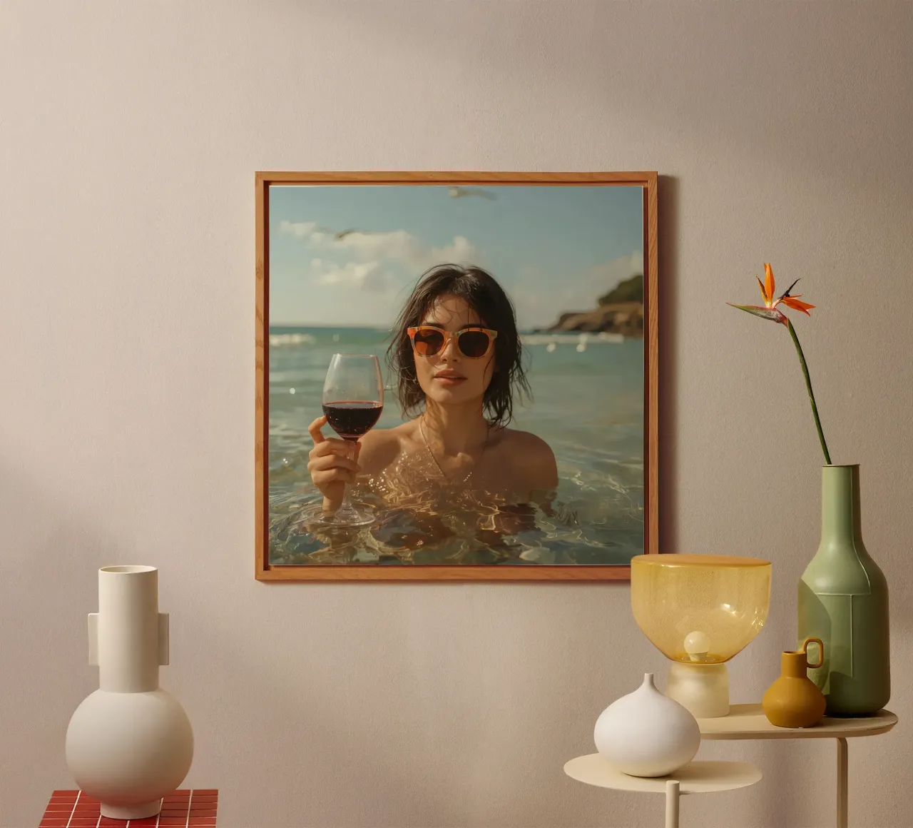 Donna nell'oceano con in mano un bicchiere di vino rosso alluminio dibond da DesignDoodle