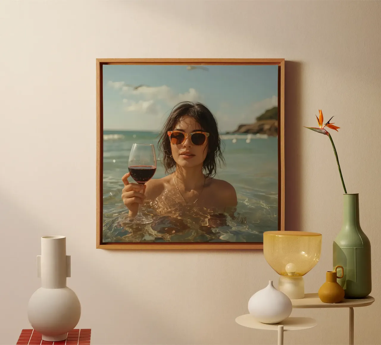 Donna nell'oceano con in mano un bicchiere di vino rosso tela con Cornice a cassetta da DesignDoodle