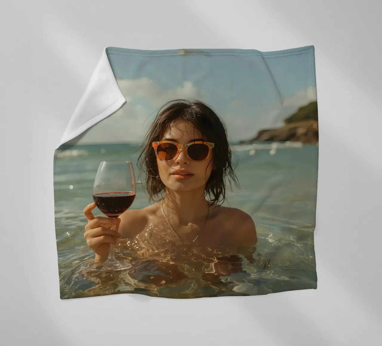 Donna nell'oceano con in mano un bicchiere di vino rosso coperta in pile da DesignDoodle