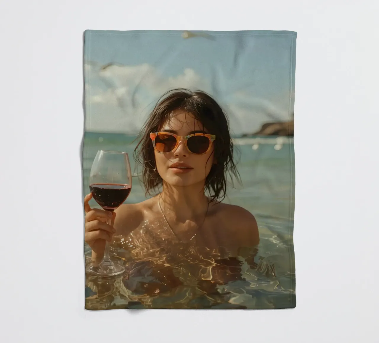 Donna nell'oceano con in mano un bicchiere di vino rosso coperta in pile da DesignDoodle