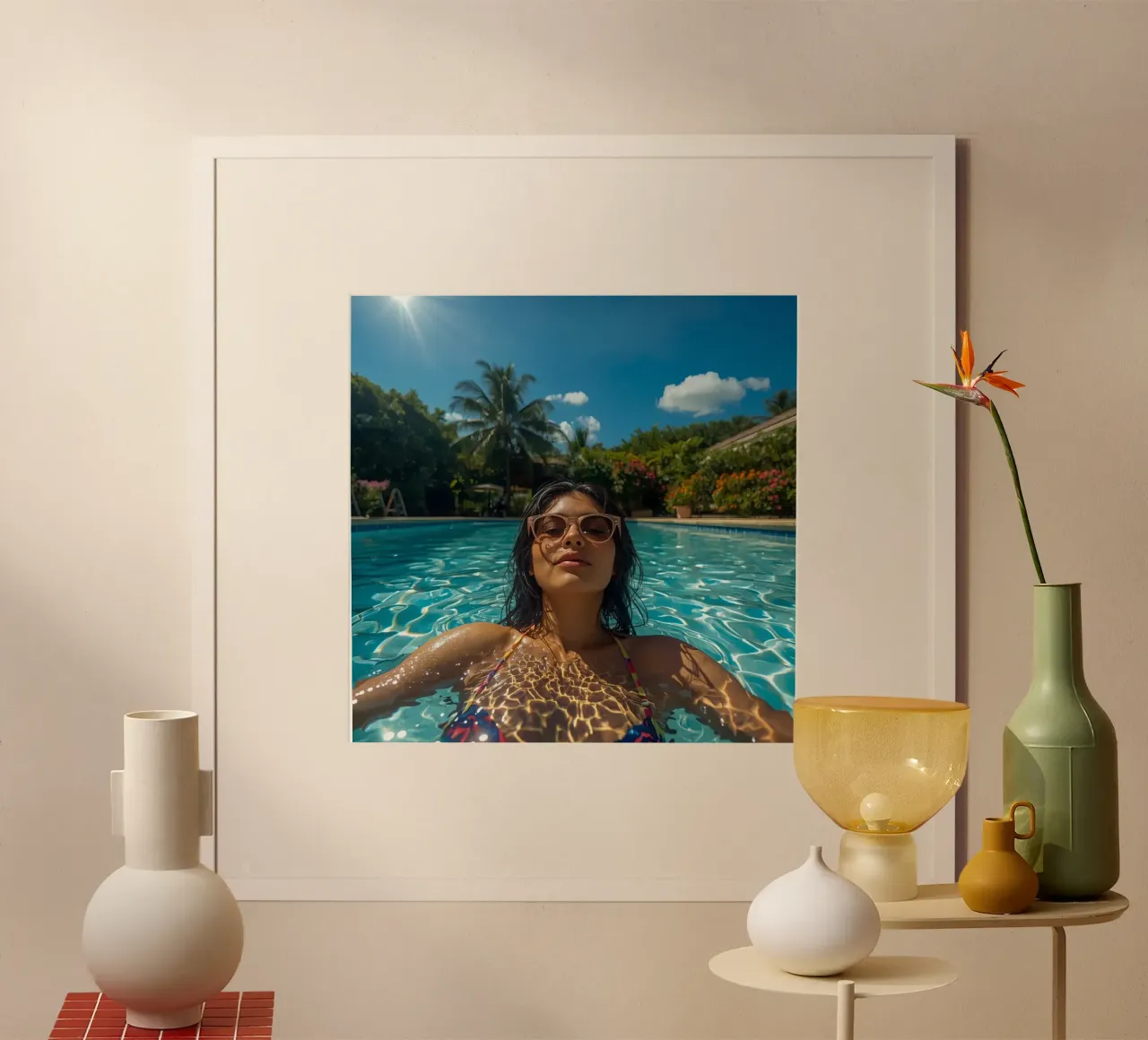 Donna in piscina con occhiali da sole Selfie tropicale poster con telaio in legno da DesignDoodle