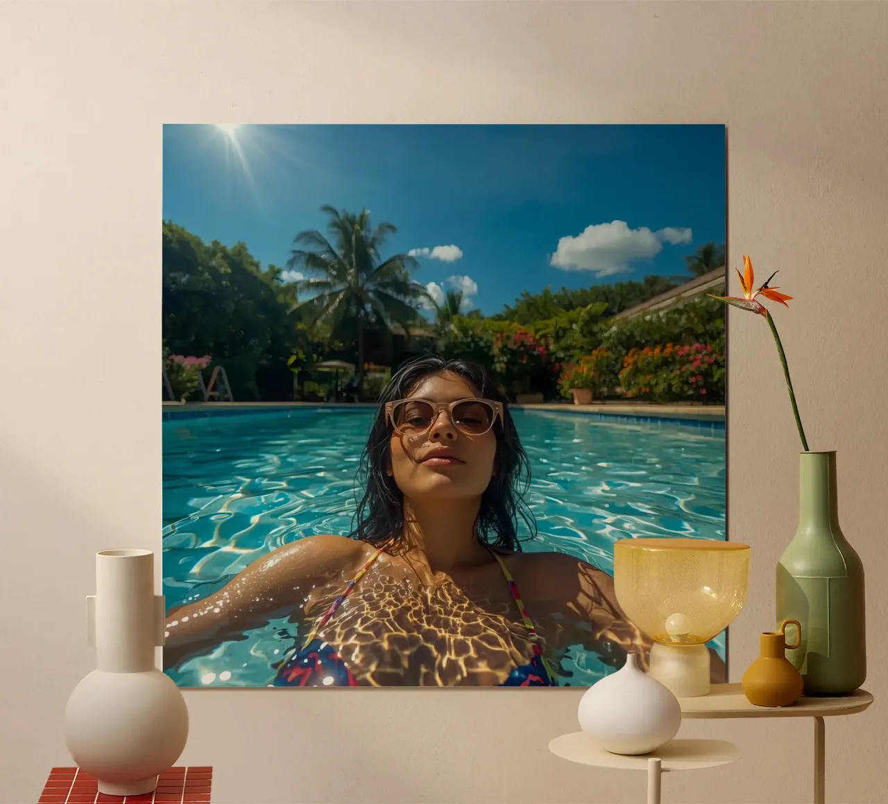 Donna in piscina con occhiali da sole Selfie tropicale poster con telaio in legno da DesignDoodle